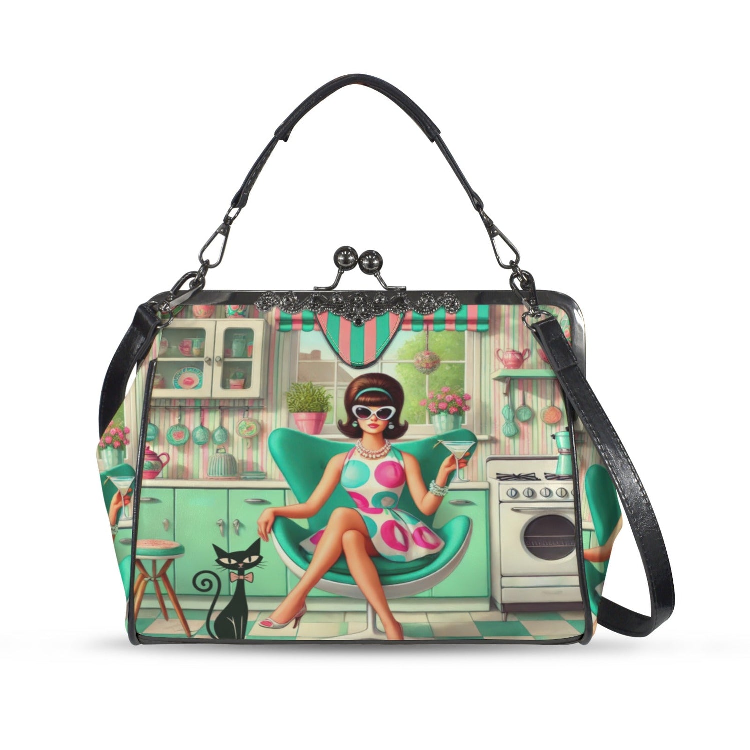 Kate McEnroe New York Groovy Vintage 60s Kitsch Kisslock Purse, Atomic Cat Mod Girl Cocktail Egg Chair HandbagCrossbody BagsD3261108