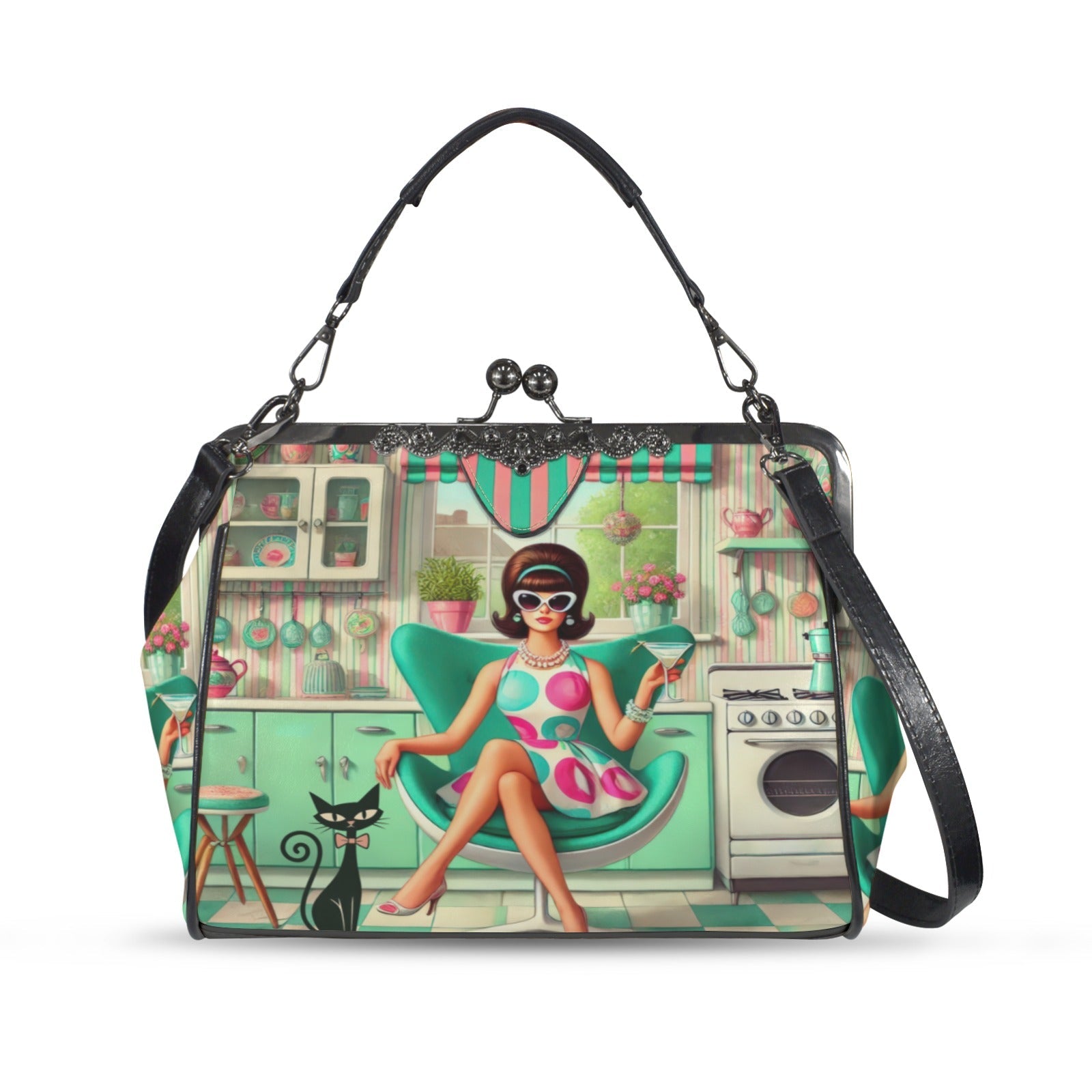 Kate McEnroe New York Groovy Vintage 60s Kitsch Kisslock Purse, Atomic Cat Mod Girl Cocktail Egg Chair HandbagCrossbody BagsD3261108