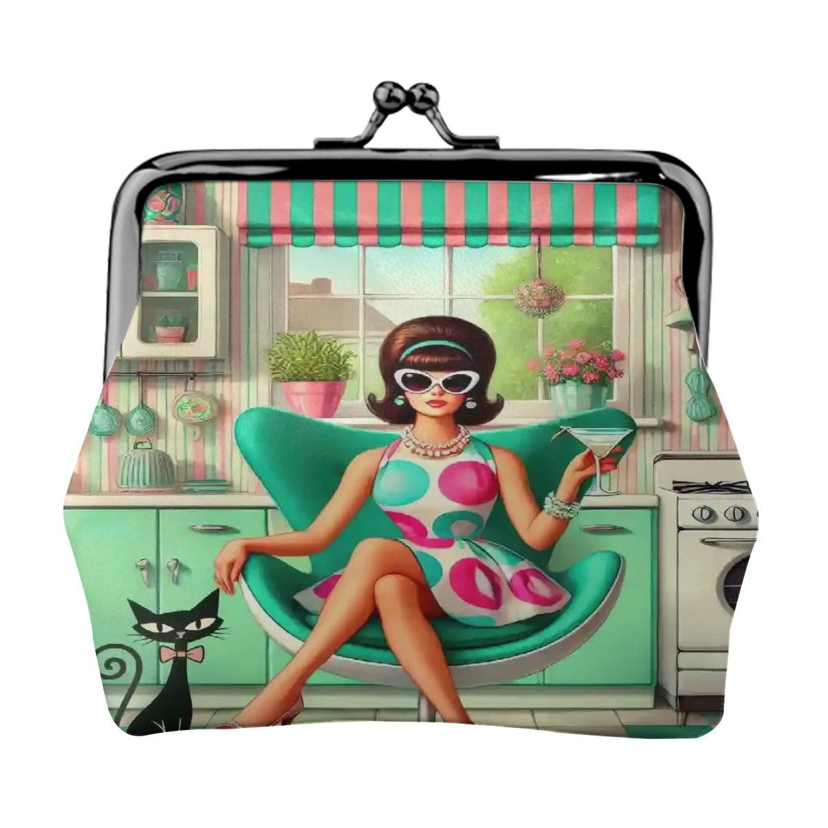 Kate McEnroe New York Groovy Vintage Kitsch Coin Purse, Atomic Cat 60s Kitchen Scene, Retro Pastel Mod Girl Cocktail Egg Chair WalletCoin PursespFSafWK2Gt