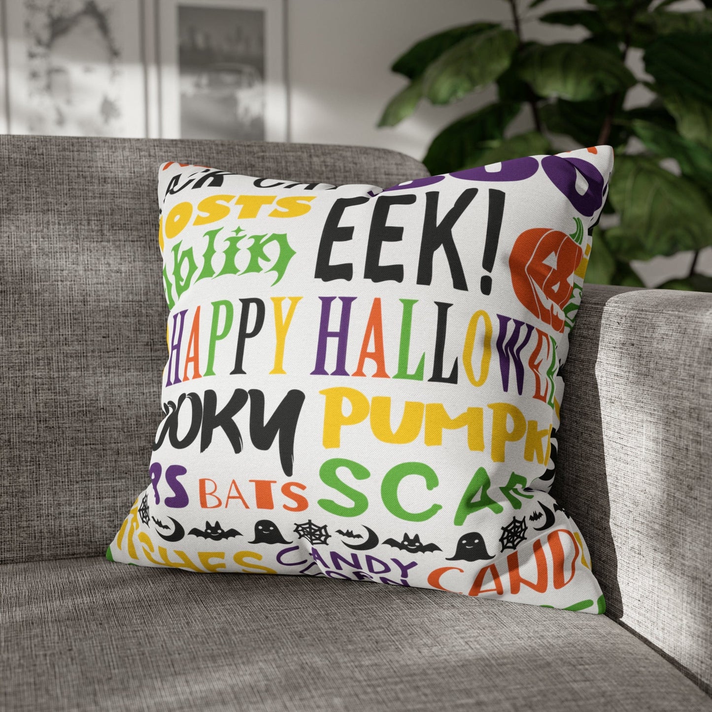 Printify Halloween Throw Pillow Cover, Trick or Treat, Spooky Witches Haunted House Accent Pillow, Country Farmhouse Home Decor Gift Home Decor