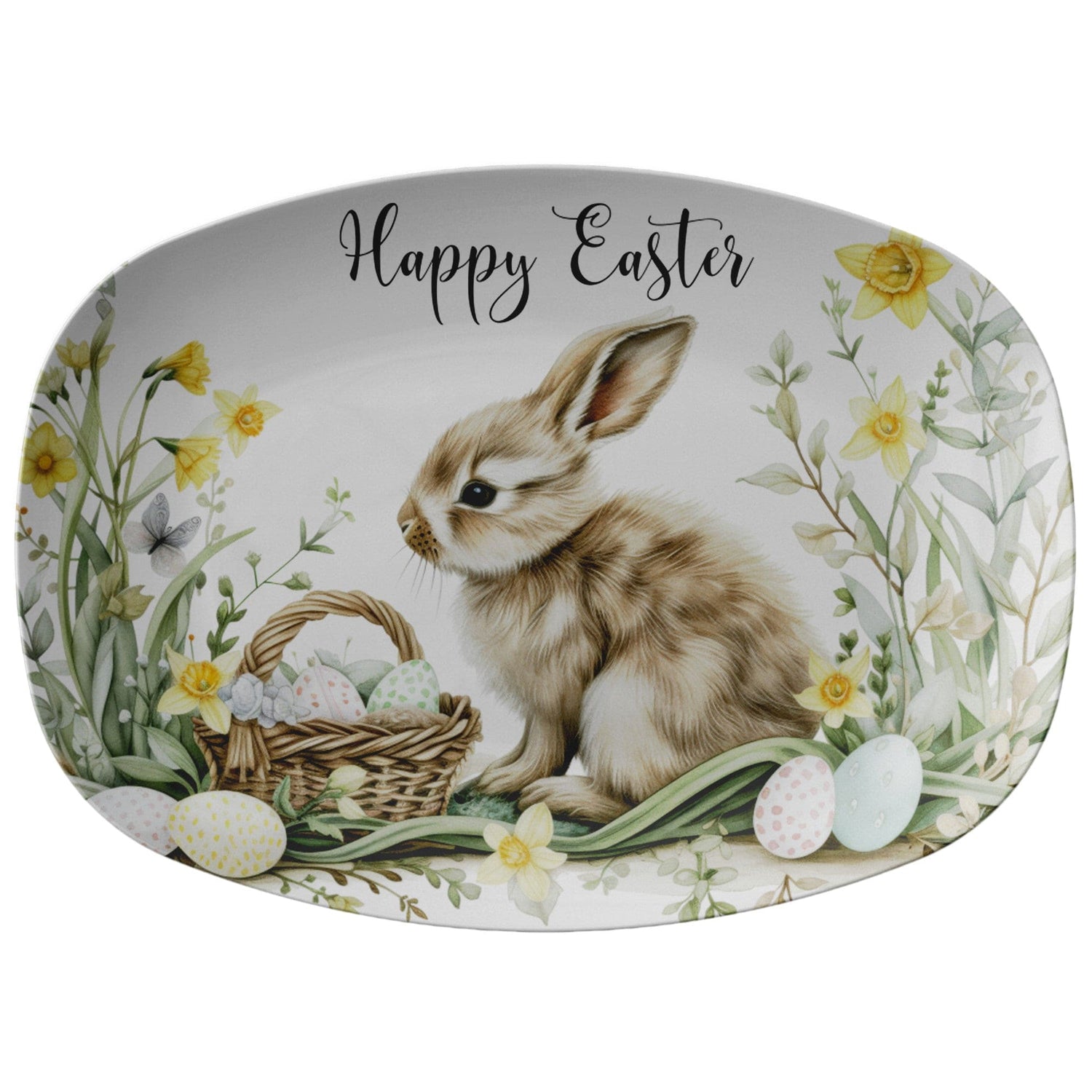 teelaunch Happy Easter Bunny Serving Platter, Spring Floral Decorative Plate Kitchenware default 9727