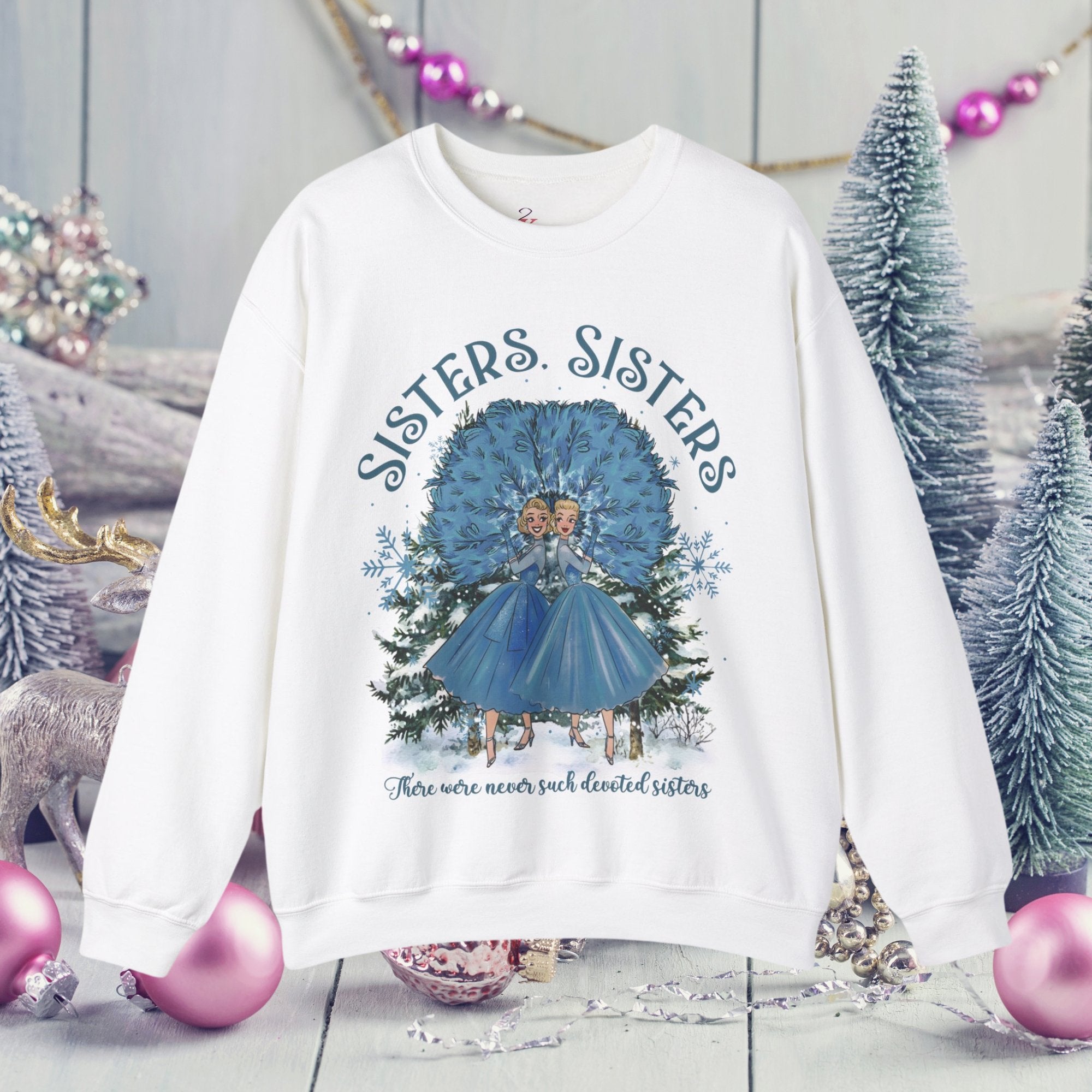 Kate McEnroe New York Haynes Sisters White Christmas Sweatshirt, Wallace And Davis 1954 Movie Apparel, Vintage Kitsch Holiday CrewneckSweatshirt13520516938841051804