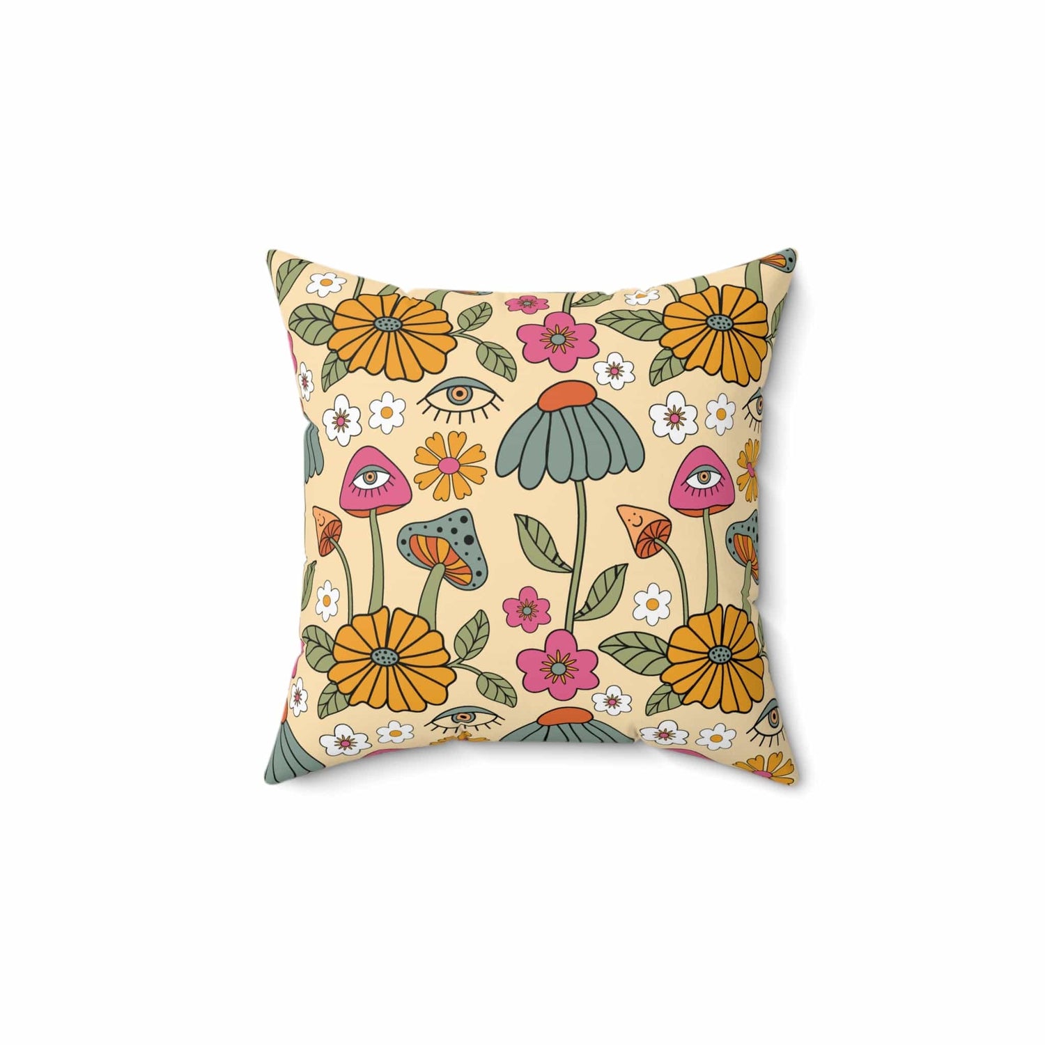 Kate McEnroe New York Hippie Mushroom Cottagecore Aesthetic Throw Pillow with Insert, Retro Floral 70s Psychedelic Accent Pillow Throw Pillows 14&quot; × 14&quot; 21748313160857796059
