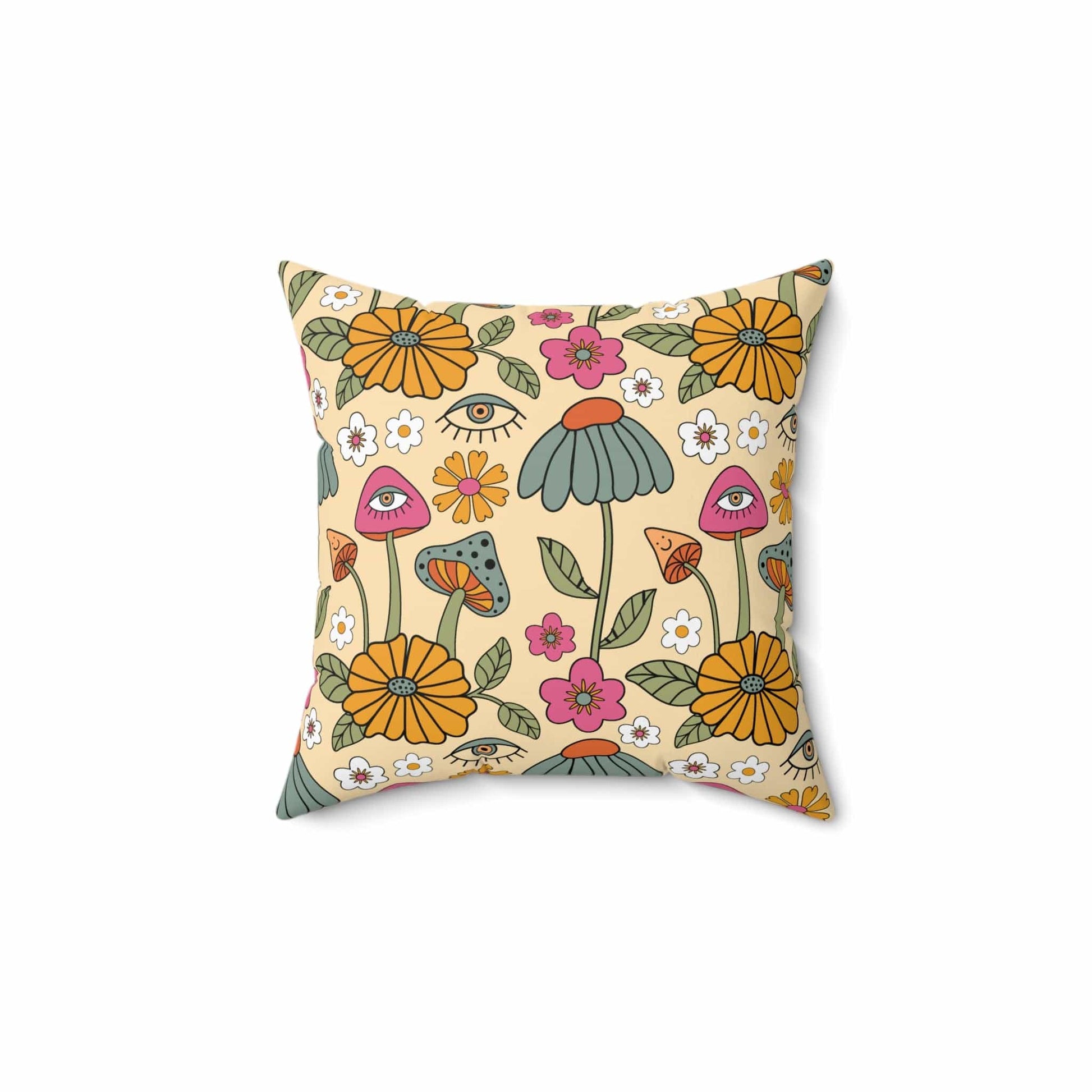 Kate McEnroe New York Hippie Mushroom Cottagecore Aesthetic Throw Pillow with Insert, Retro Floral 70s Psychedelic Accent Pillow Throw Pillows 14" × 14" 21748313160857796059