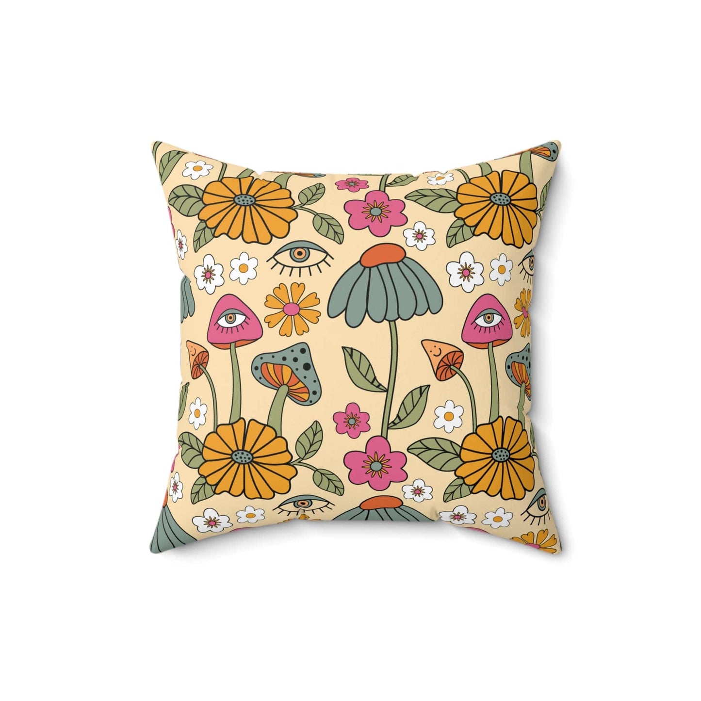 Kate McEnroe New York Hippie Mushroom Cottagecore Aesthetic Throw Pillow with Insert, Retro Floral 70s Psychedelic Accent Pillow Throw Pillows 16" × 16" 19932877051404818481