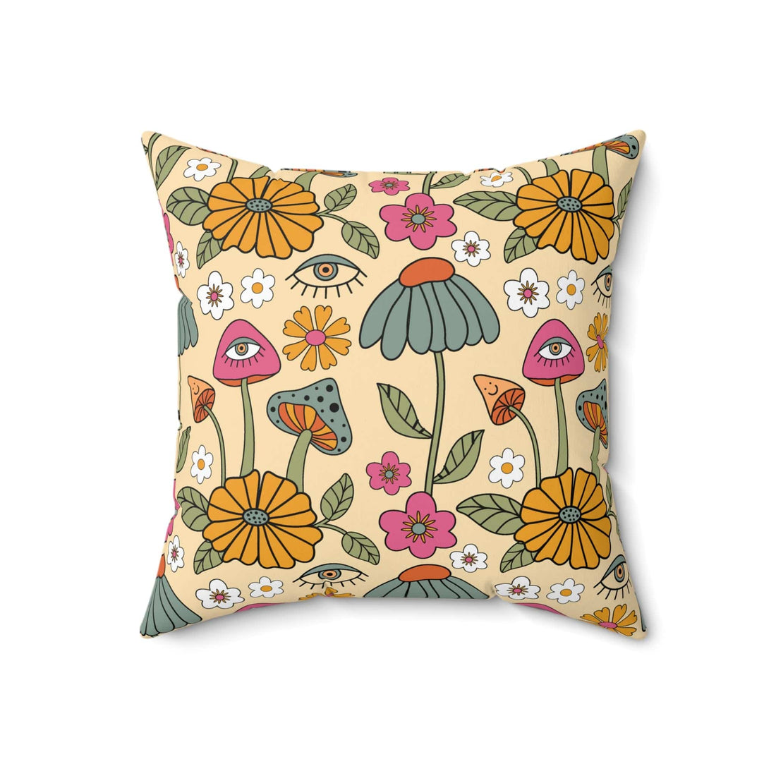 Kate McEnroe New York Hippie Mushroom Cottagecore Aesthetic Throw Pillow with Insert, Retro Floral 70s Psychedelic Accent Pillow Throw Pillows 18&quot; × 18&quot; 45705635629441951177