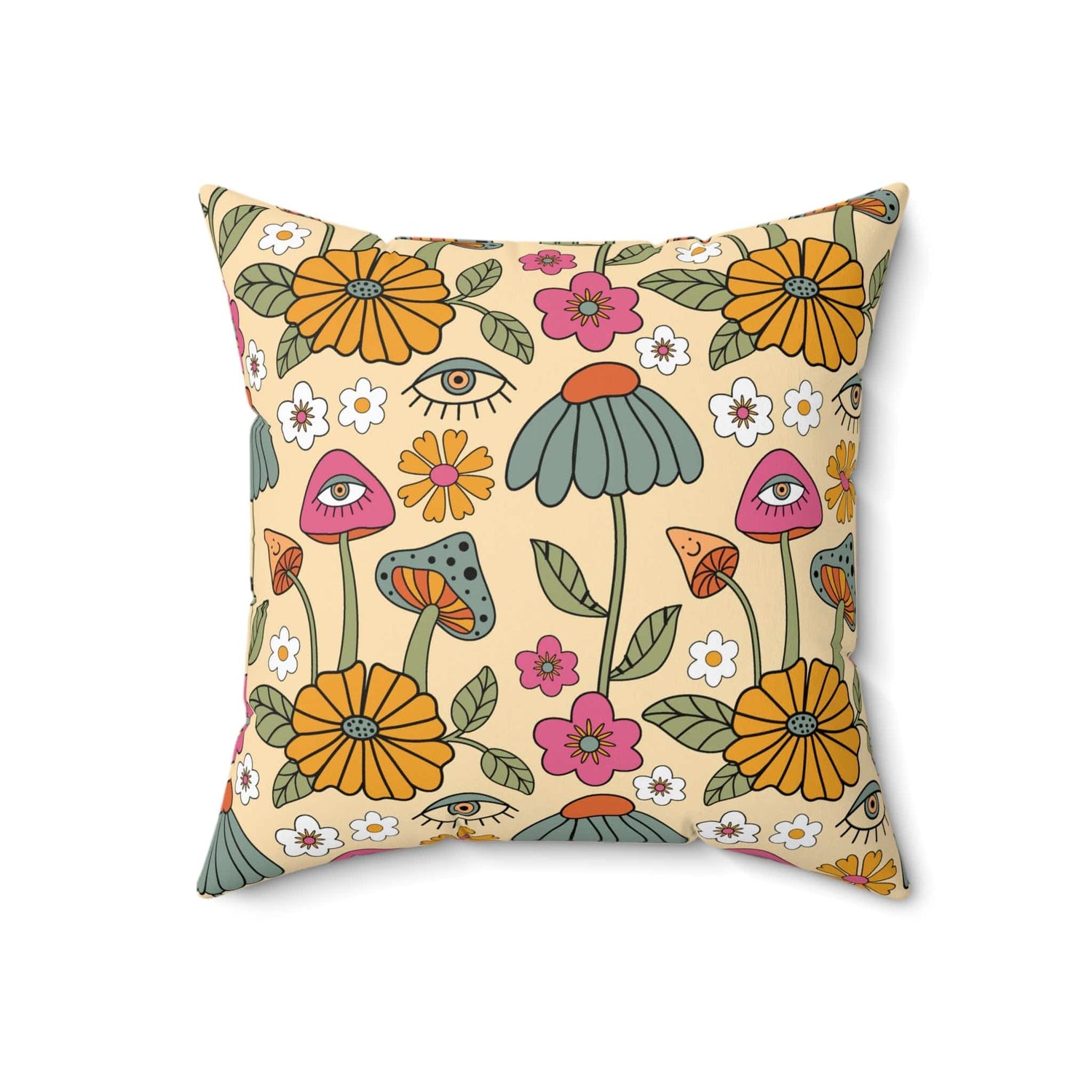 Kate McEnroe New York Hippie Mushroom Cottagecore Aesthetic Throw Pillow with Insert, Retro Floral 70s Psychedelic Accent Pillow Throw Pillows 18&quot; × 18&quot; 45705635629441951177