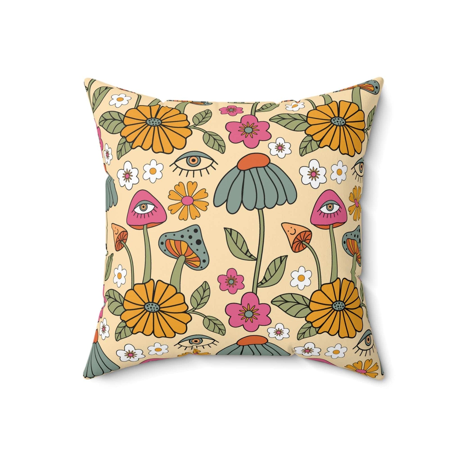Kate McEnroe New York Hippie Mushroom Cottagecore Aesthetic Throw Pillow with Insert, Retro Floral 70s Psychedelic Accent Pillow Throw Pillows 18" × 18" 45705635629441951177