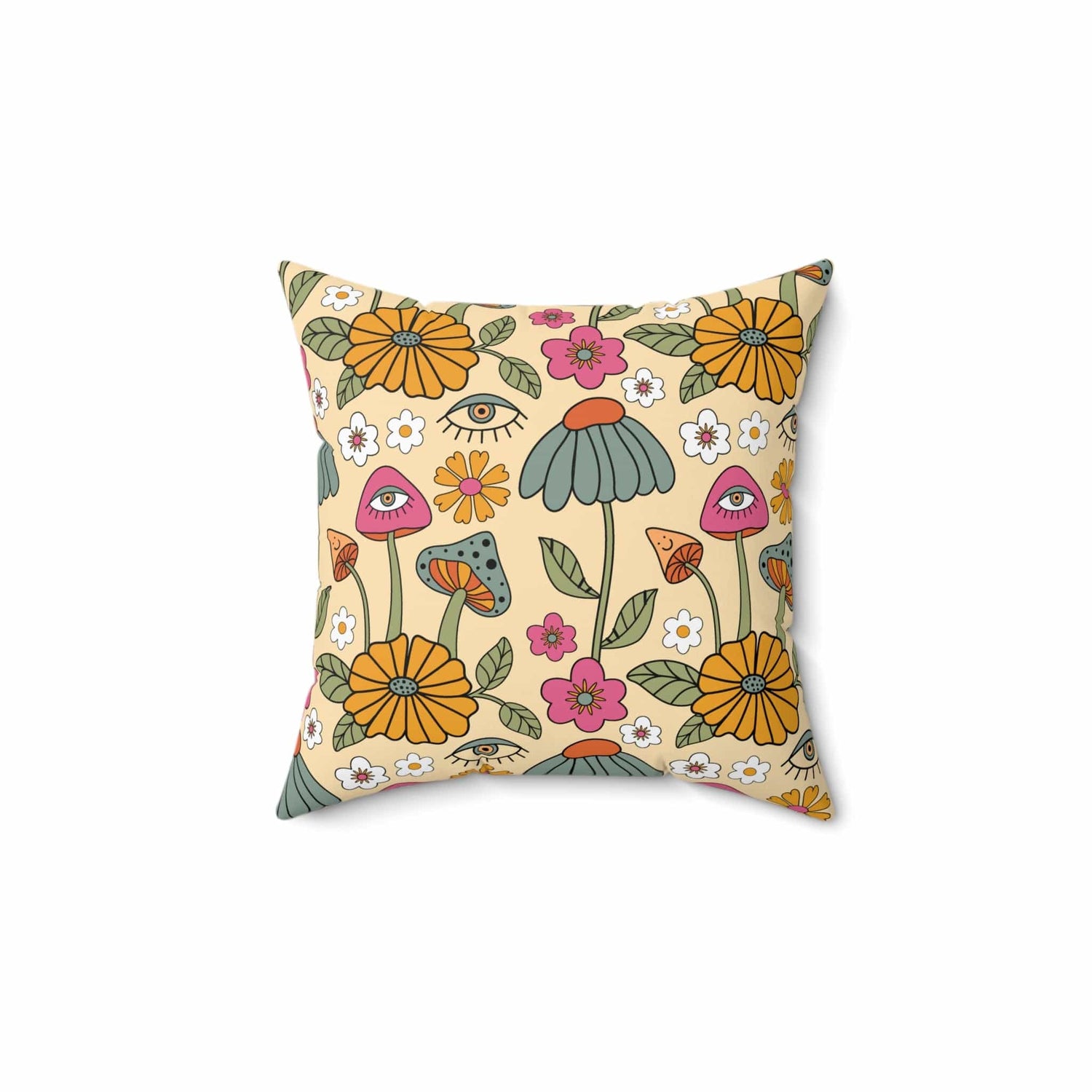 Kate McEnroe New York Hippie Mushroom Cottagecore Aesthetic Throw Pillow with Insert, Retro Floral 70s Psychedelic Accent Pillow Throw Pillows