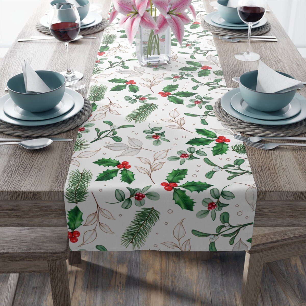 Kate McEnroe New York Holiday Table Runner, Christmas Table Runner, Evergreen and Holly Berries Table Linens, Farmhouse Table Decor, Holiday Party Tabletop DecorTable Runners19281433963610912210