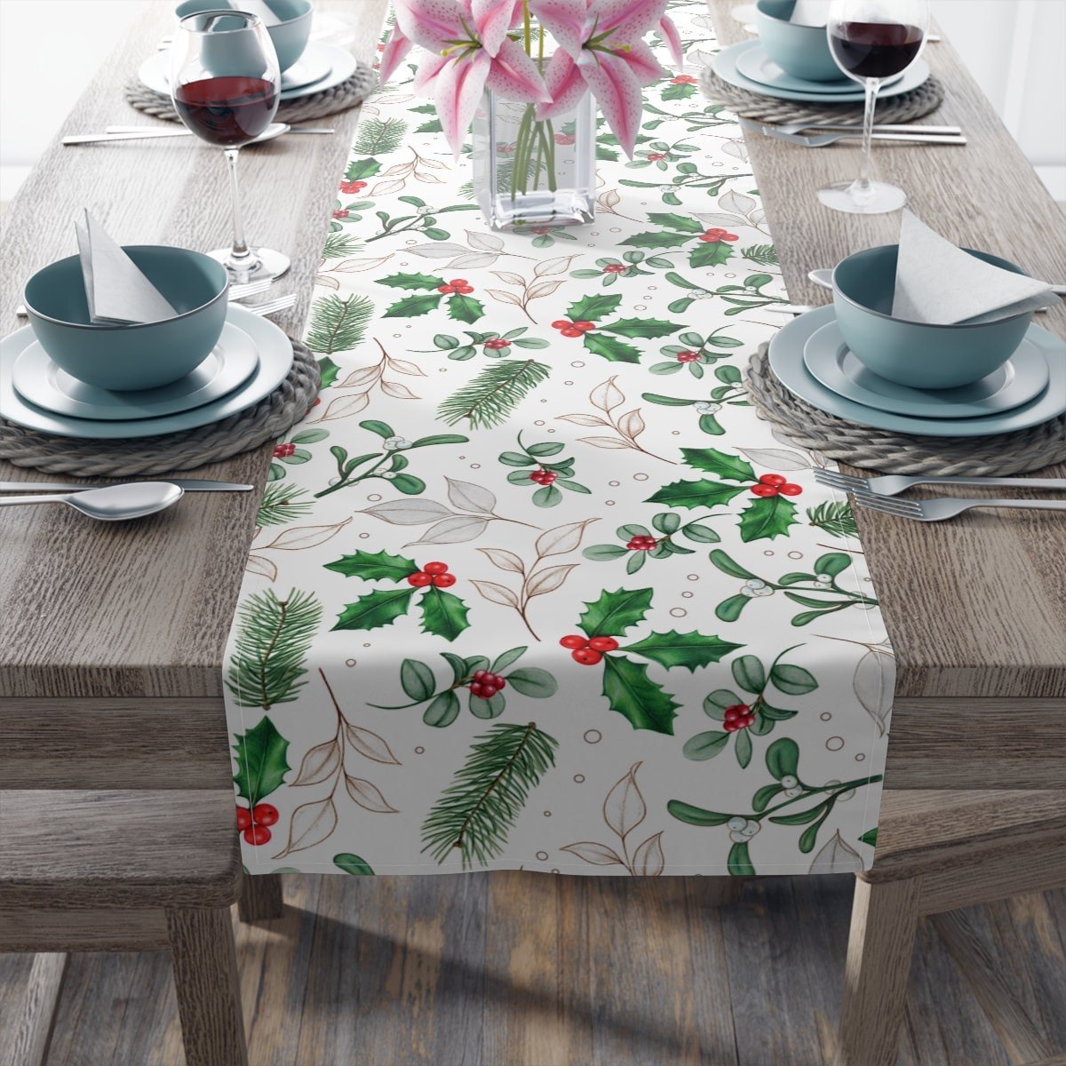 Kate McEnroe New York Holiday Table Runner, Christmas Table Runner, Evergreen and Holly Berries Table Linens, Farmhouse Table Decor, Holiday Party Tabletop DecorTable Runners19281433963610912210