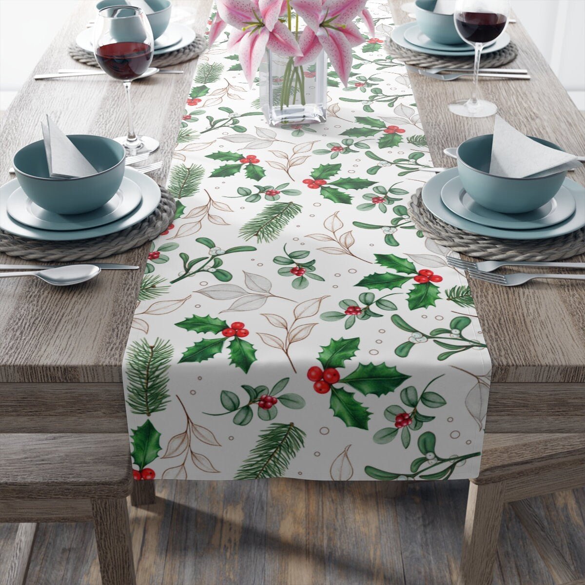 Kate McEnroe New York Holiday Table Runner, Christmas Table Runner, Evergreen and Holly Berries Table Linens, Farmhouse Table Decor, Holiday Party Tabletop DecorTable Runners19281433963610912210