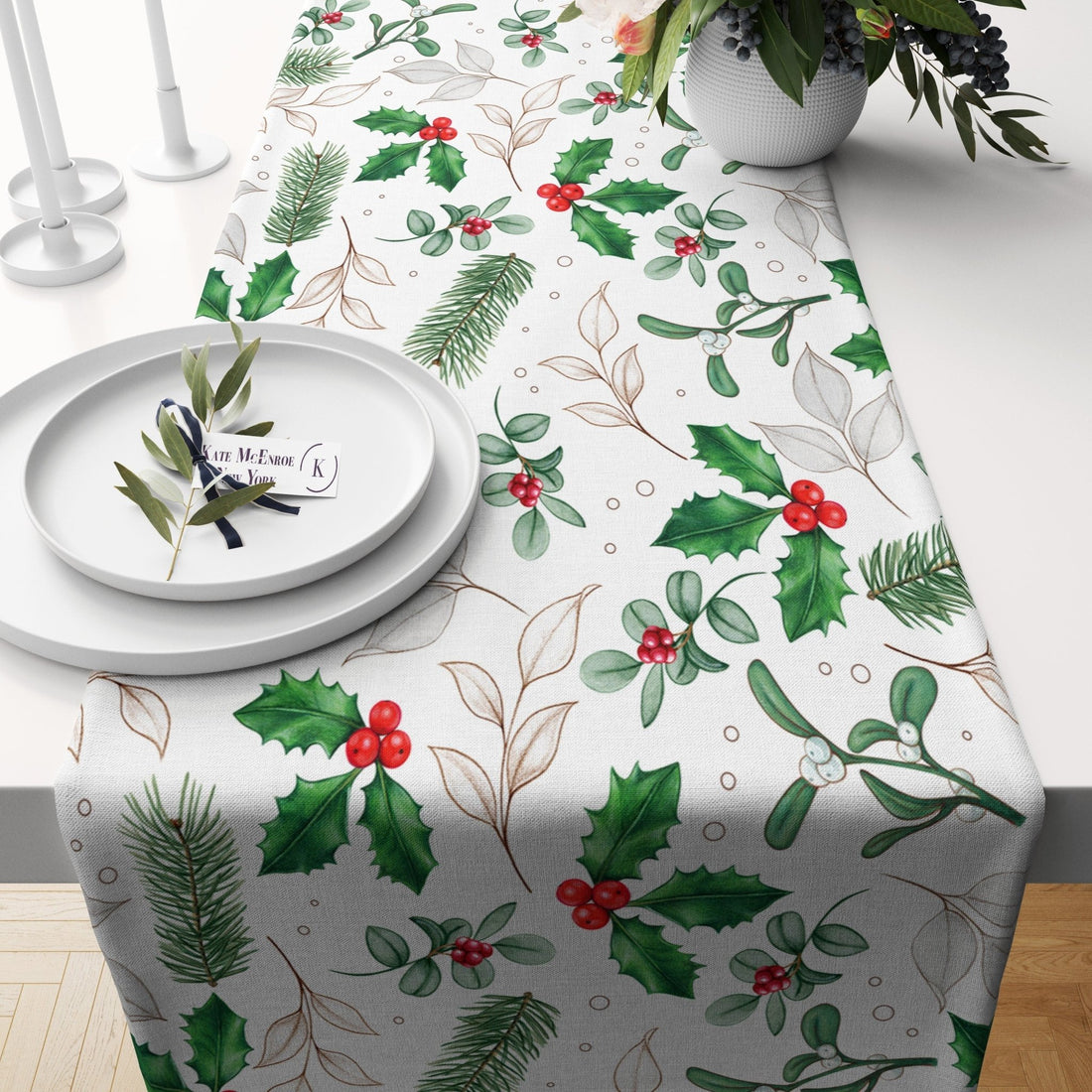 Kate McEnroe New York Holiday Table Runner, Christmas Table Runner, Evergreen and Holly Berries Table Linens, Farmhouse Table Decor, Holiday Party Tabletop DecorTable Runners19281433963610912210