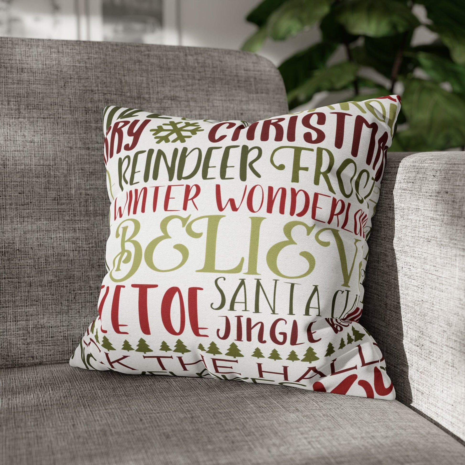 Printify Holiday Throw Pillow Cover, Farmhouse Decor, Reindeer, Mistletoe, Believe, Winter Wonderland, Jingle Bells, Word Art Christmas Pillowcase Home Decor 16" × 16" 68703576350526603484