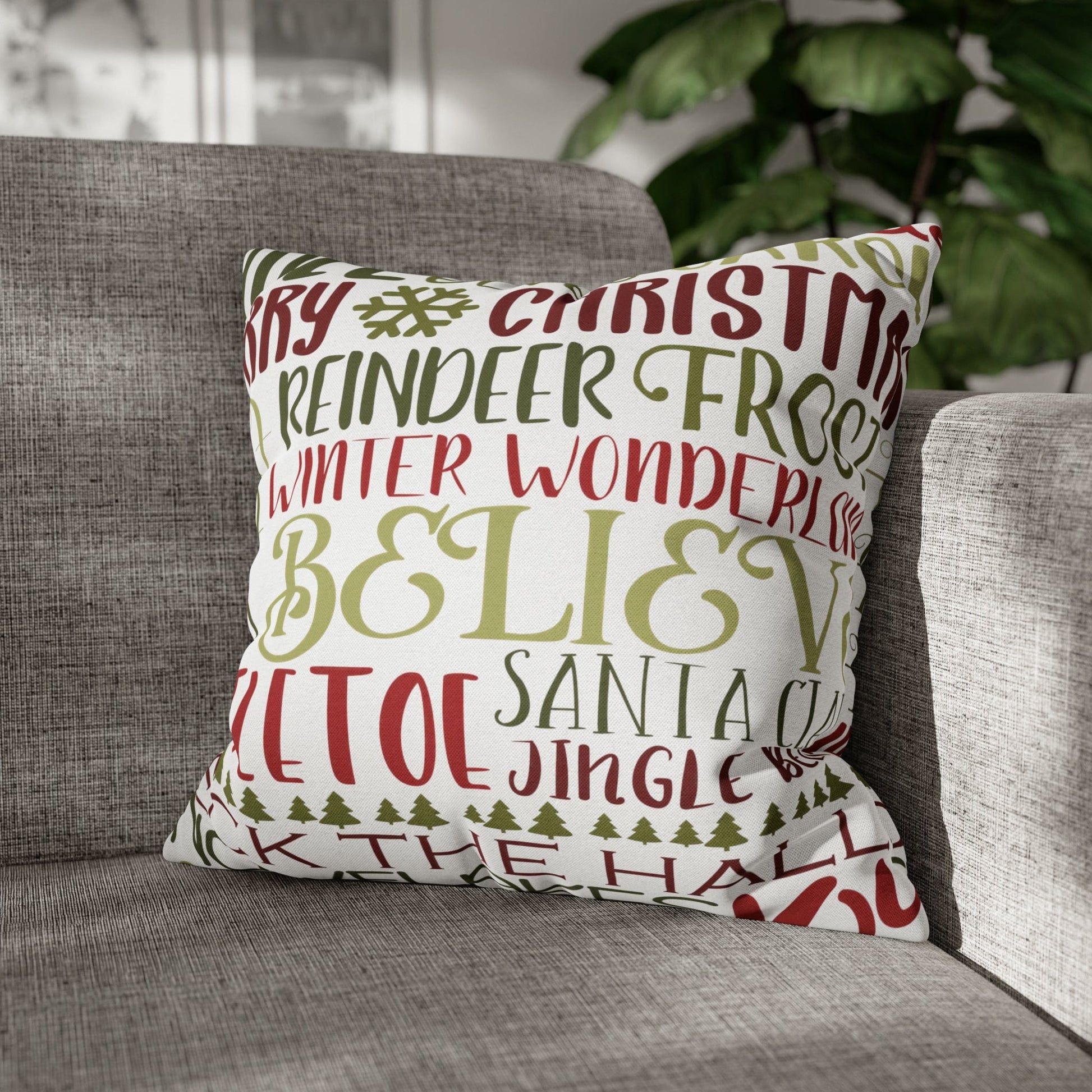 Printify Holiday Throw Pillow Cover, Farmhouse Decor, Reindeer, Mistletoe, Believe, Winter Wonderland, Jingle Bells, Word Art Christmas Pillowcase Home Decor 18" × 18" 66441887106795551151