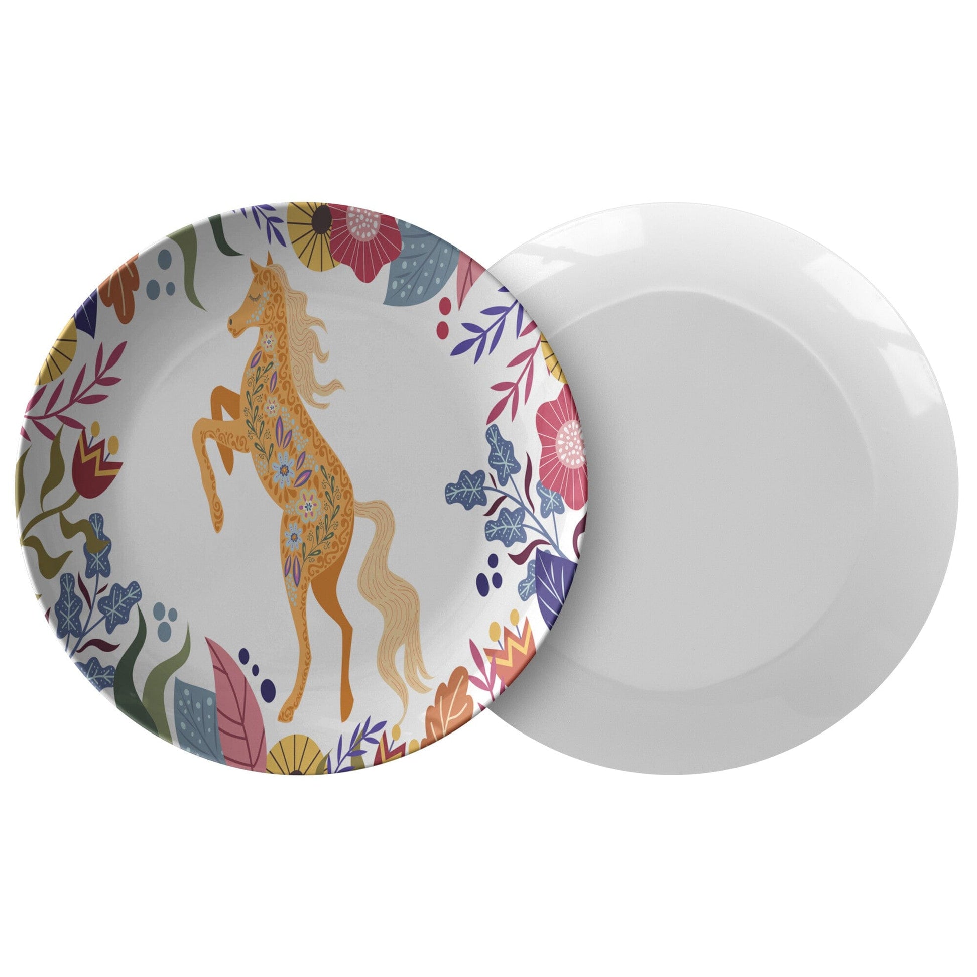 Kate McEnroe New York Horse in Summer Bloom Dinner Plates, Floral Dinnerware, Folk Horse with Colorful Flowers, Equestrian ThermoSāf Dishes, Folk Art Dinner Dish Plates