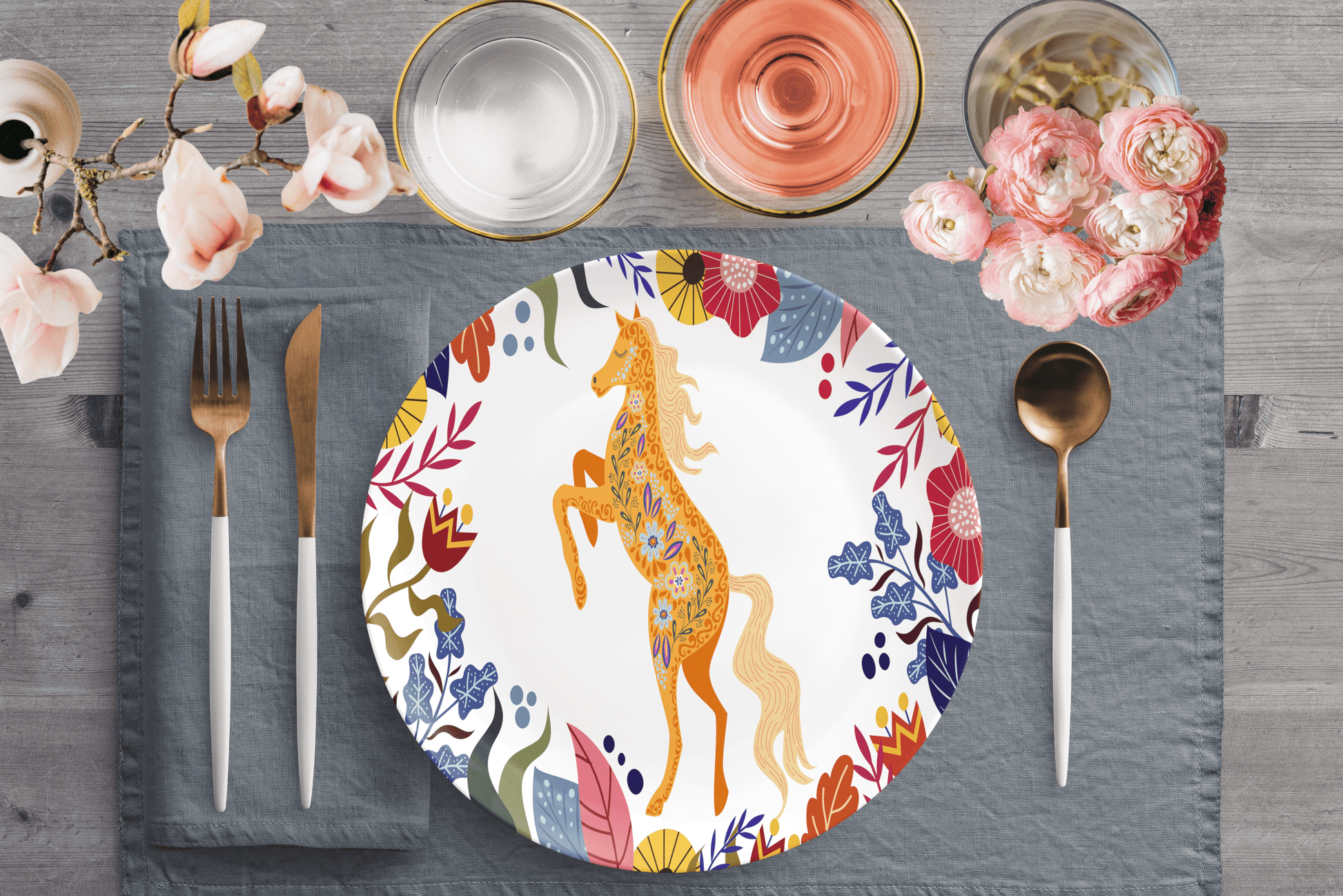 Kate McEnroe New York Horse in Summer Bloom Dinner Plates, Floral Dinnerware, Folk Horse with Colorful Flowers, Equestrian ThermoSāf Dishes, Folk Art Dinner Dish Plates Single P20-HOR-FLO-49S