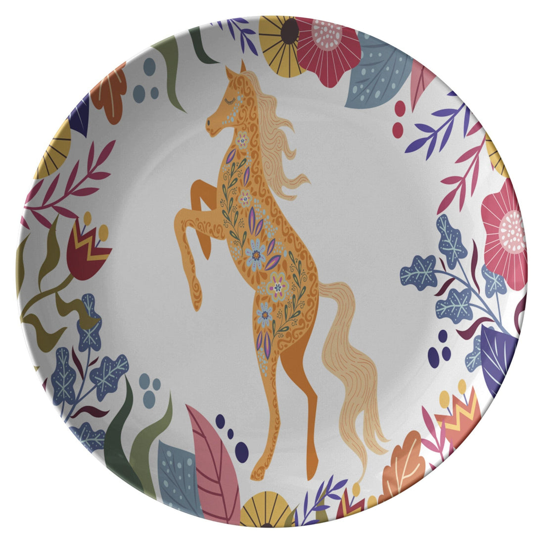Kate McEnroe New York Horse in Summer Bloom Dinner Plates, Floral Dinnerware, Folk Horse with Colorful Flowers, Equestrian ThermoSāf Dishes, Folk Art Dinner DishPlatesP20 - HOR - FLO - 49S