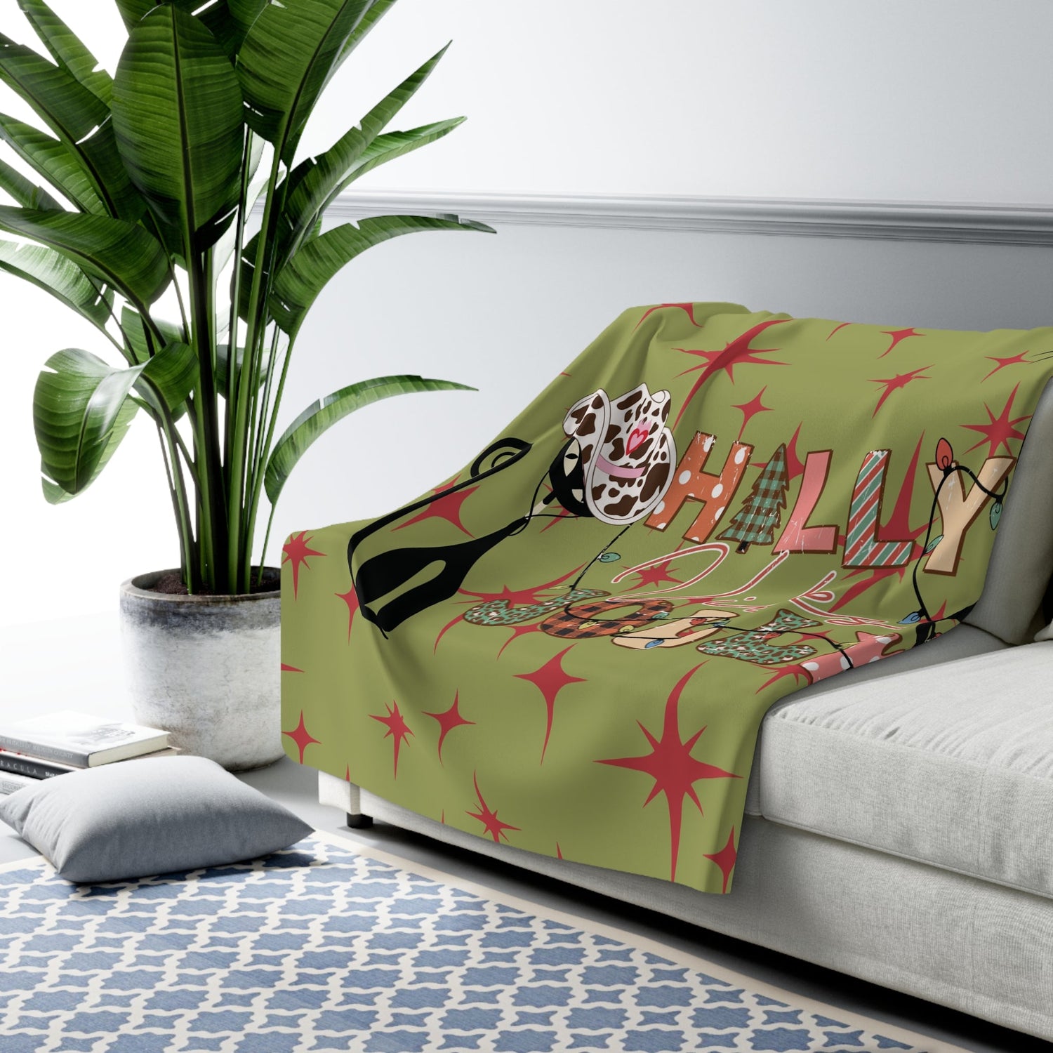 Kate McEnroe New York Howdy Jolly Cowboy Atomic Cat Sherpa Blanket, Retro Christmas Western Holiday Decor, Mid Century Modern Cozy ThrowBlankets20474456652812467028