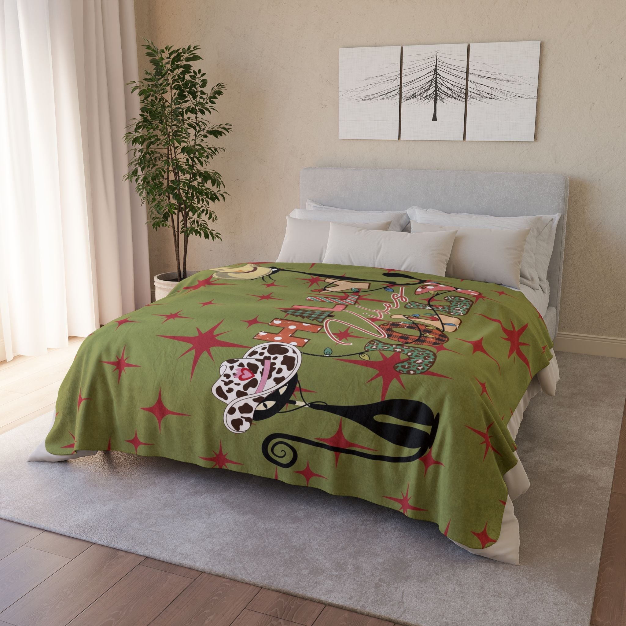 Kate McEnroe New York Howdy Jolly Cowboy Atomic Cat Sherpa Blanket, Retro Christmas Western Holiday Decor, Mid Century Modern Cozy ThrowBlankets22019168159742384908