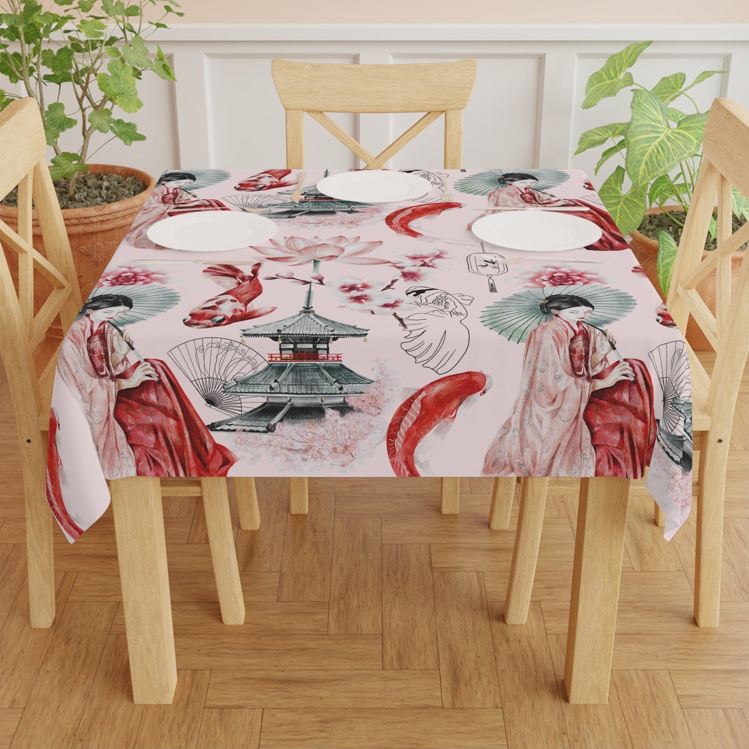 Kate McEnroe New York Japanese Floral Tablecloth, Japanese Geisha Koi And Temple Floral TableclothTablecloths24412033071598514726