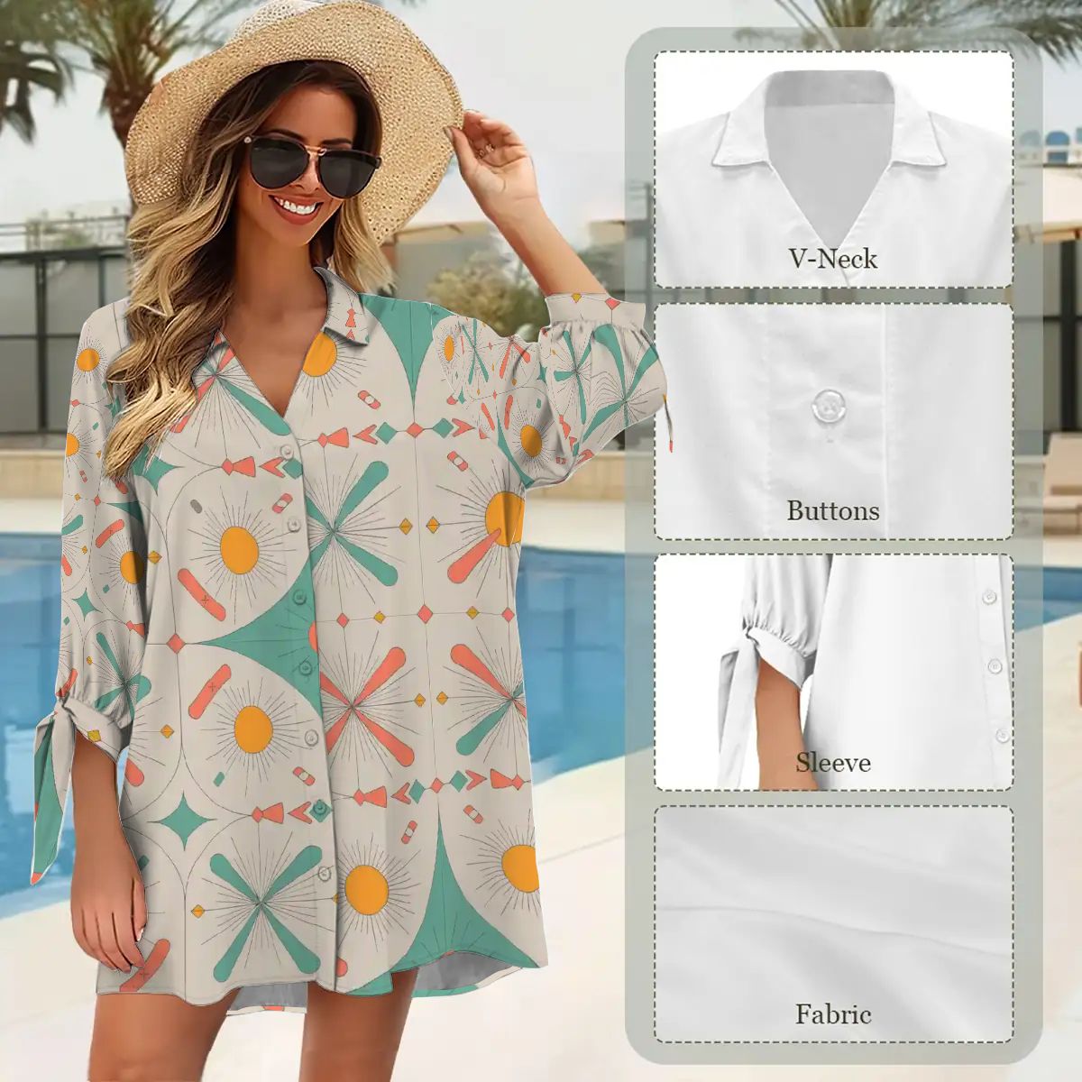 Kate McEnroe New York Jetset Starburst Retro Cover Up, Mid Century Modern Pool Lounge ShirtSwimsuits Cover Ups5wzgLgPScw