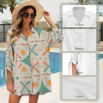 Kate McEnroe New York Jetset Starburst Retro Cover Up, Mid Century Modern Pool Lounge ShirtSwimsuits Cover Ups5wzgLgPScw