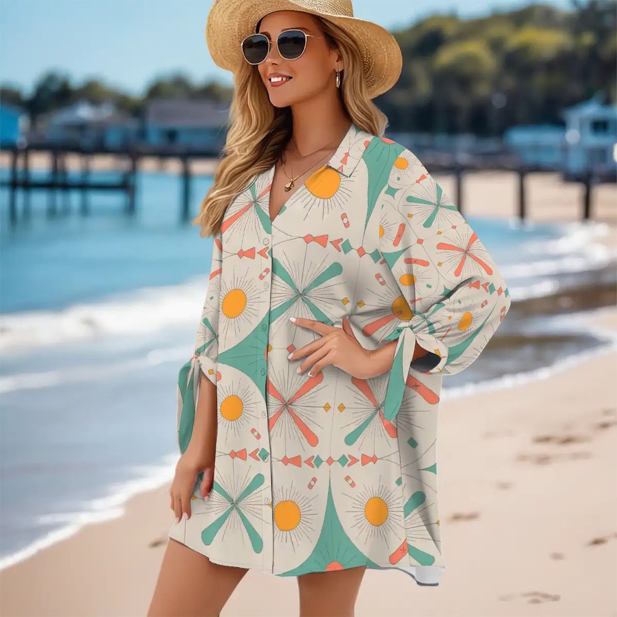 Kate McEnroe New York Jetset Starburst Retro Cover Up, Mid Century Modern Pool Lounge ShirtSwimsuits Cover Ups5wzgLgPScw