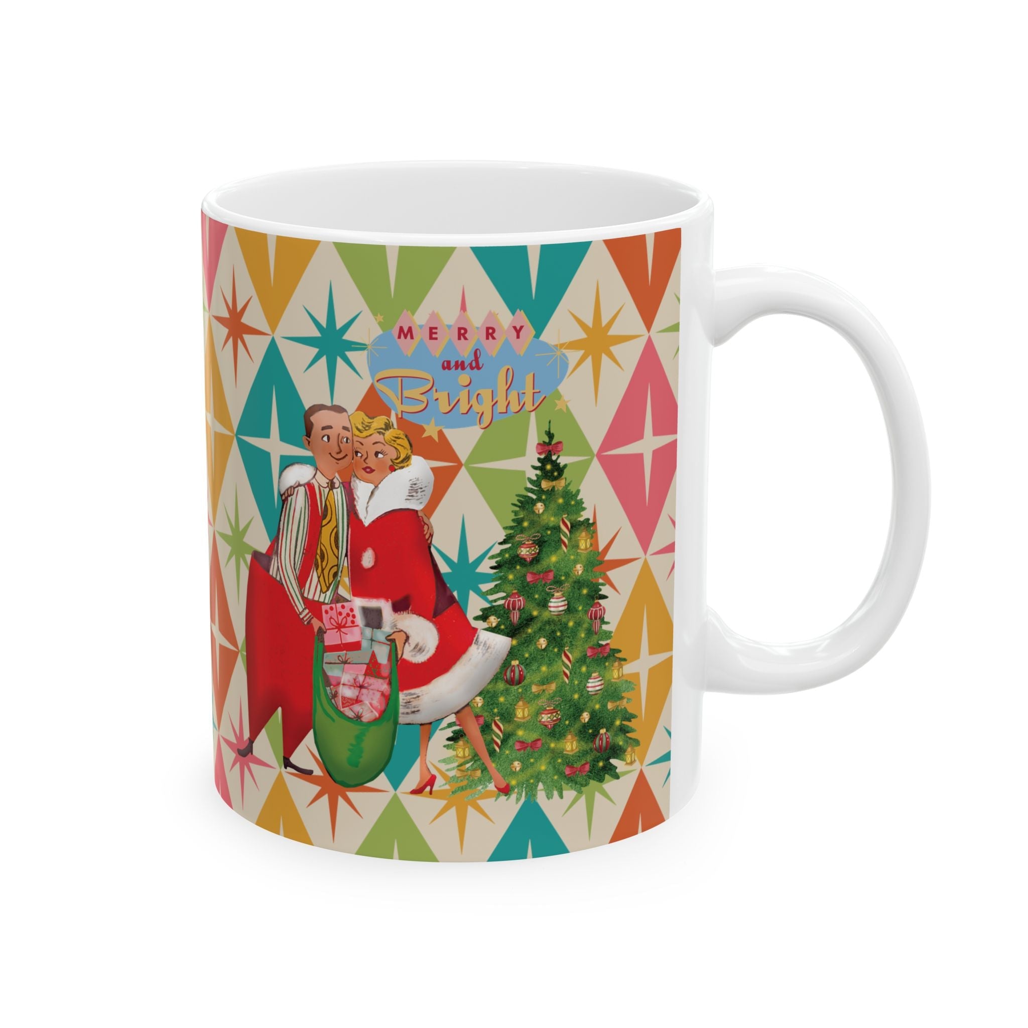 Kate McEnroe New York Jolly Retro Holiday Mug, 50s Festive Cheer, Merry and Bright Coffee Cup, Vintage Christmas Drinkware, Mid Mod Couple Starburst DesignMugs28734568885261925341