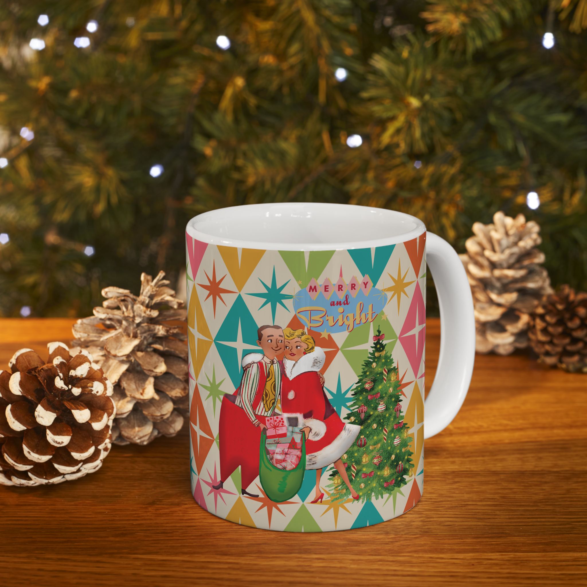 Kate McEnroe New York Jolly Retro Holiday Mug, 50s Festive Cheer, Merry and Bright Coffee Cup, Vintage Christmas Drinkware, Mid Mod Couple Starburst DesignMugs28734568885261925341