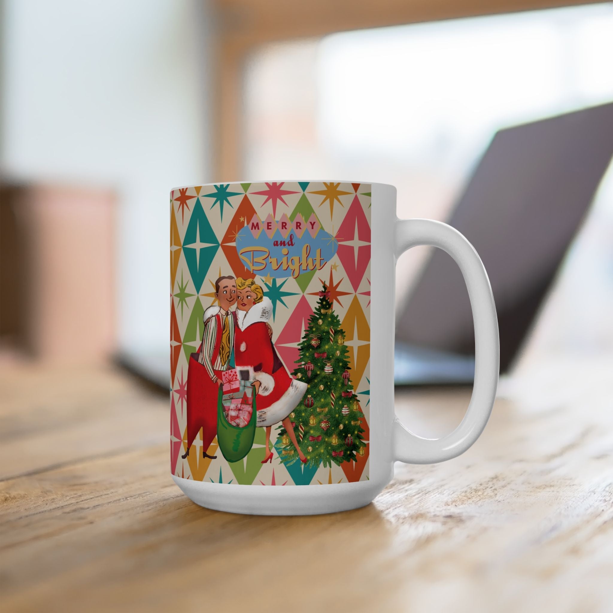 Kate McEnroe New York Jolly Retro Holiday Mug, 50s Festive Cheer, Merry and Bright Coffee Cup, Vintage Christmas Drinkware, Mid Mod Couple Starburst DesignMugs28734568885261925341