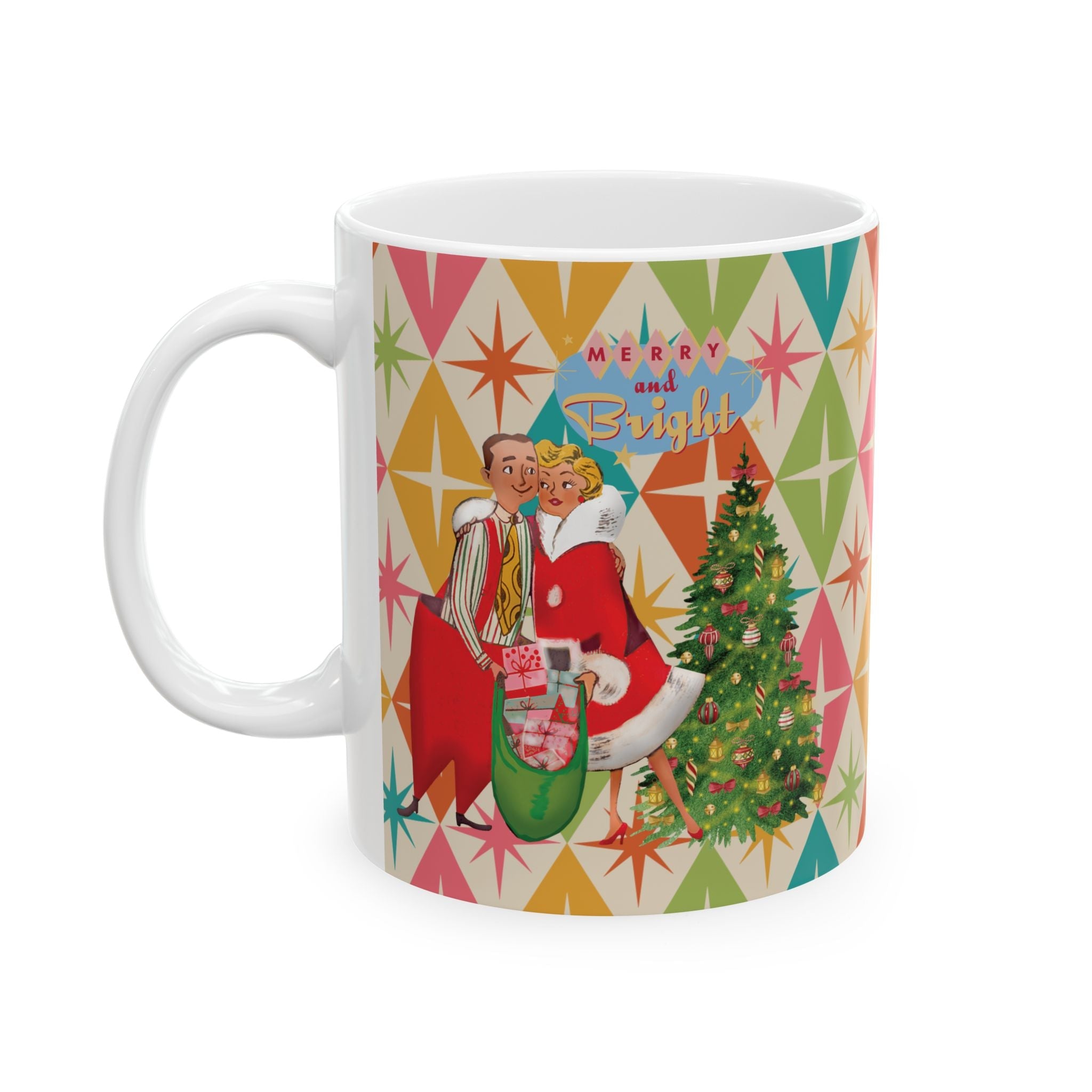 Kate McEnroe New York Jolly Retro Holiday Mug, 50s Festive Cheer, Merry and Bright Coffee Cup, Vintage Christmas Drinkware, Mid Mod Couple Starburst DesignMugs30163426220073345883
