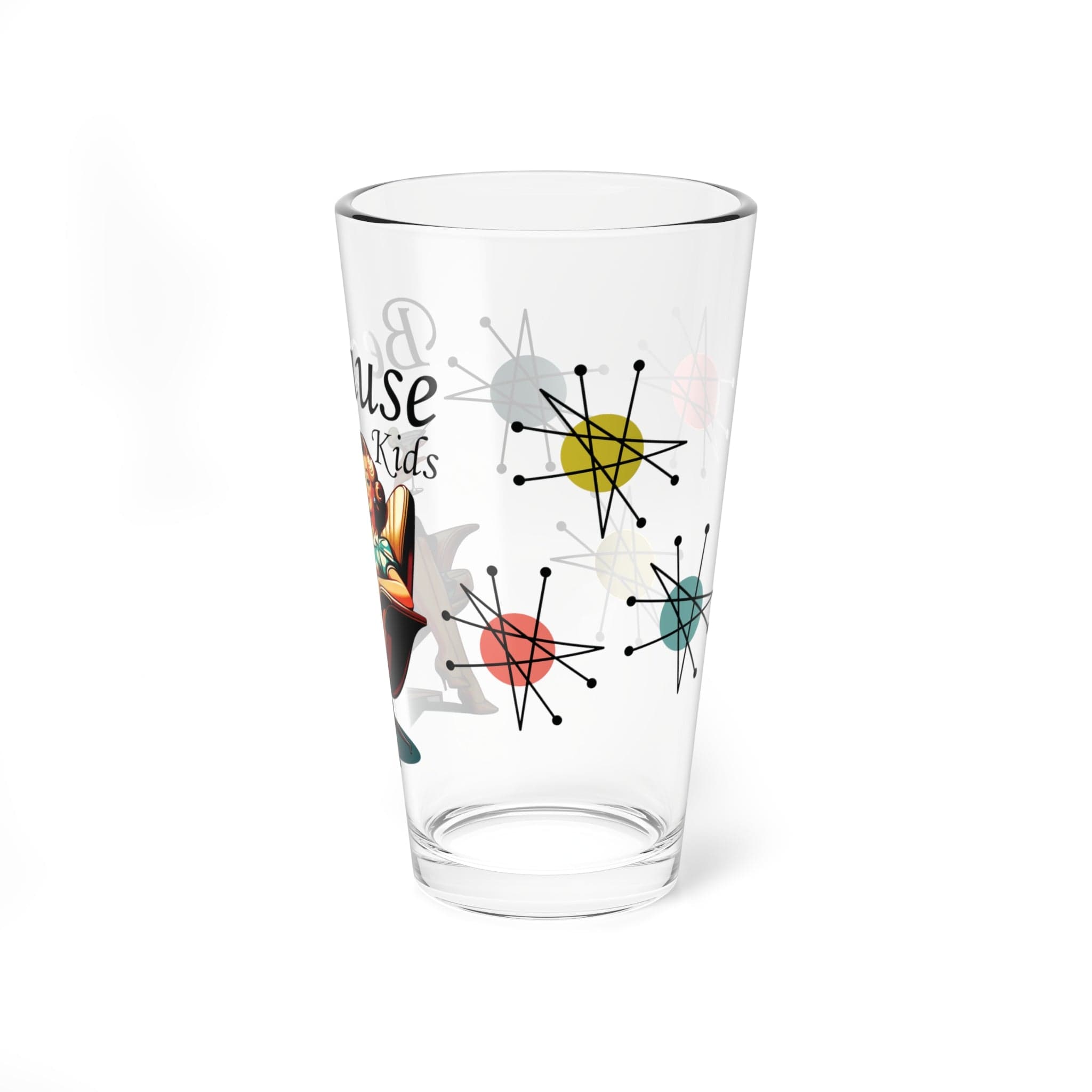 Kate McEnroe New York Kitschy 1950s Mid Century Modern Because Kids Pint Glass, Funny Gift for Mom, MCM Cocktail Shaker, Mixing, Drinking, Beer Glass Mixing Glasses 16oz 55969340391080520723