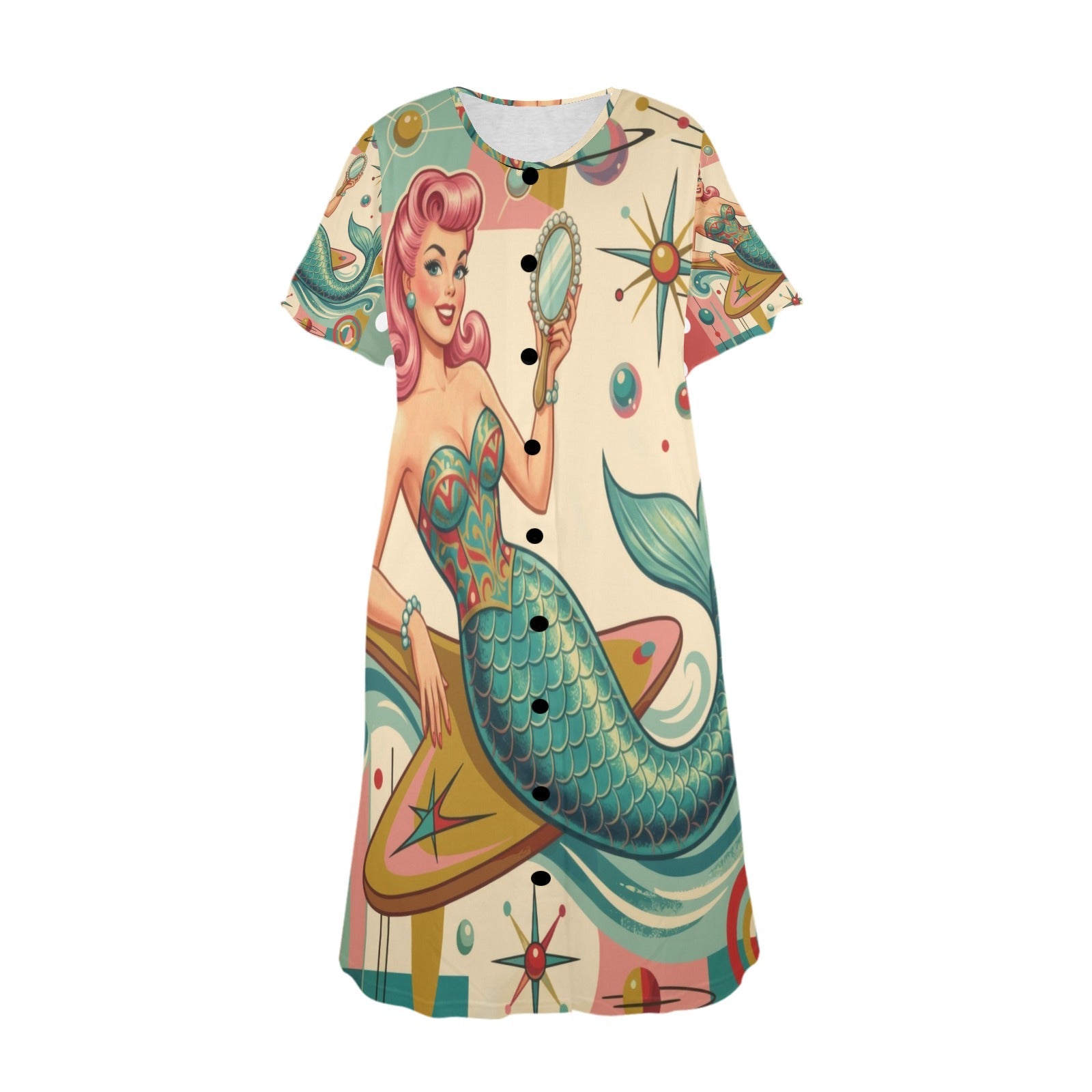 Kate McEnroe New York Kitschy 1950s Retro Mermaid Atomic Starburst Muumuu House DressMuumuusD3289565