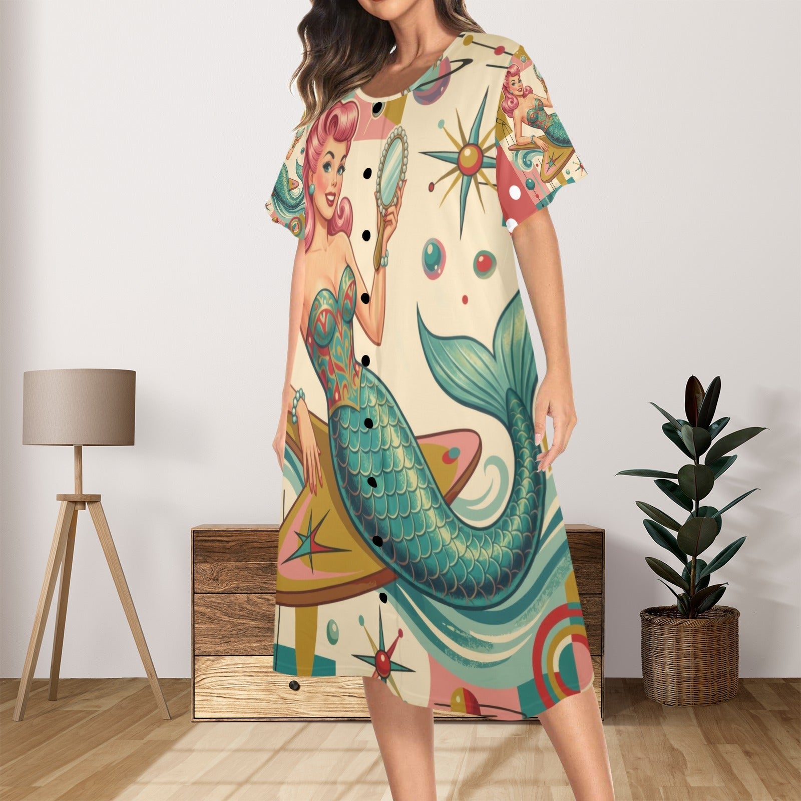 Kate McEnroe New York Kitschy 1950s Retro Mermaid Atomic Starburst Muumuu House DressMuumuusD3289565