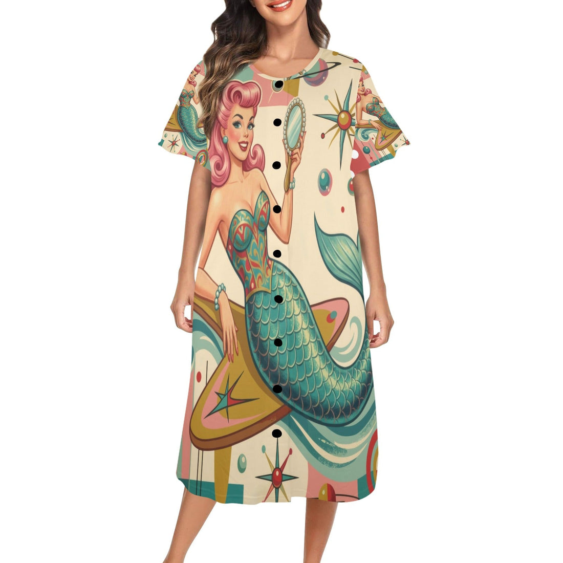 Kate McEnroe New York Kitschy 1950s Retro Mermaid Atomic Starburst Muumuu House DressMuumuusD3289565