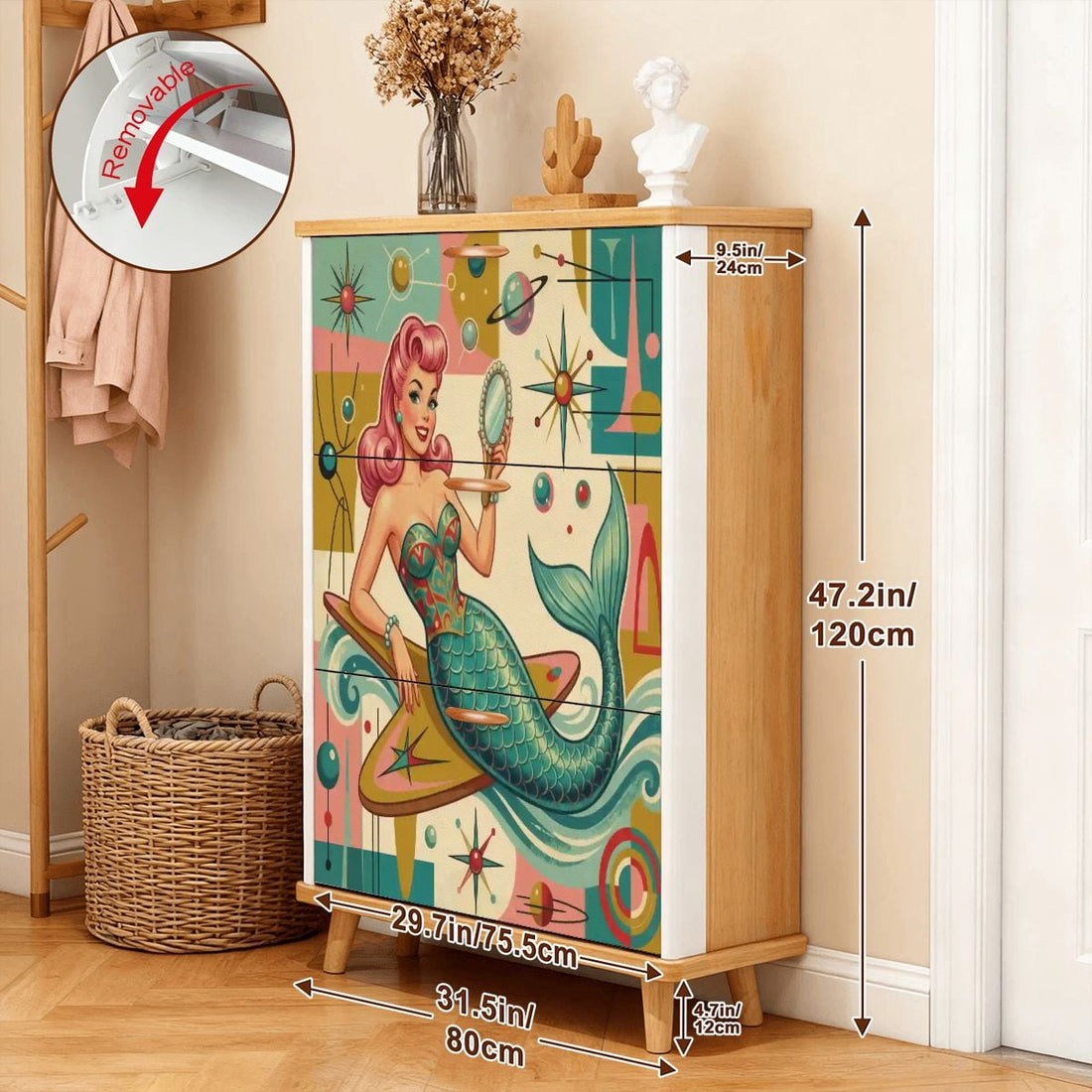 Kate McEnroe New York Kitschy 1950s Retro Mermaid Atomic Starburst Shoe Cabinet Entryway StorageShoe Storage7x2Rdg5u57