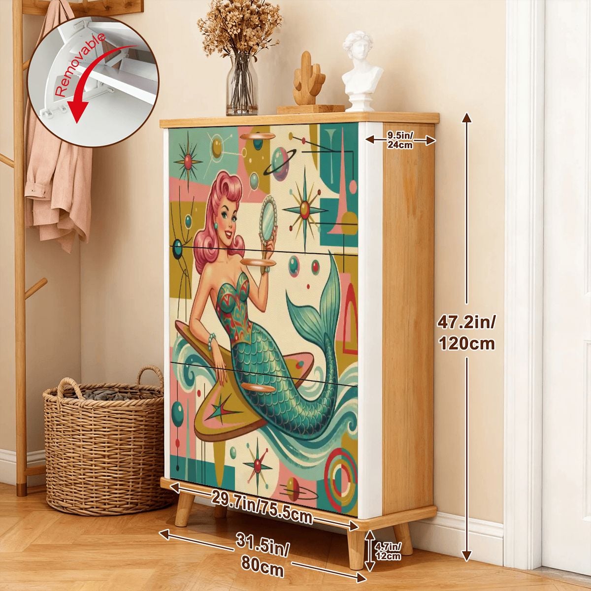 Kate McEnroe New York Kitschy 1950s Retro Mermaid Atomic Starburst Shoe Cabinet Entryway StorageShoe Storage7x2Rdg5u57