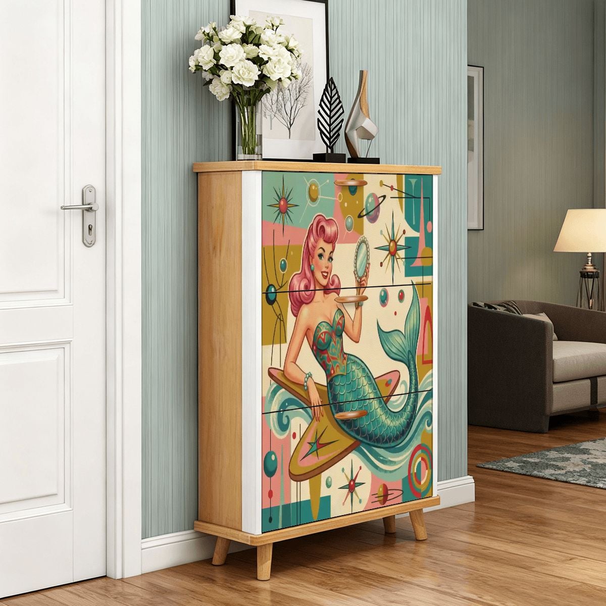 Kate McEnroe New York Kitschy 1950s Retro Mermaid Atomic Starburst Shoe Cabinet Entryway StorageShoe Storage7x2Rdg5u57