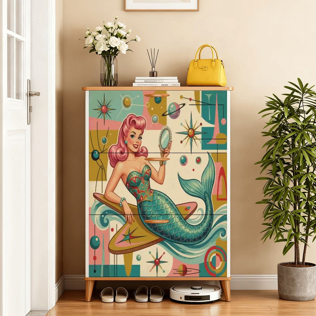 Kate McEnroe New York Kitschy 1950s Retro Mermaid Atomic Starburst Shoe Cabinet Entryway StorageShoe Storage7x2Rdg5u57