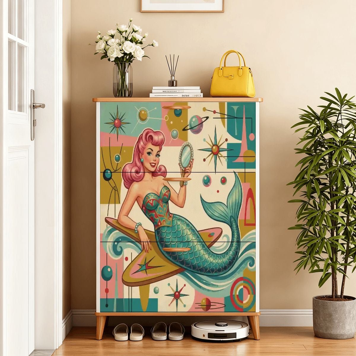 Kate McEnroe New York Kitschy 1950s Retro Mermaid Atomic Starburst Shoe Cabinet Entryway StorageShoe Storage7x2Rdg5u57