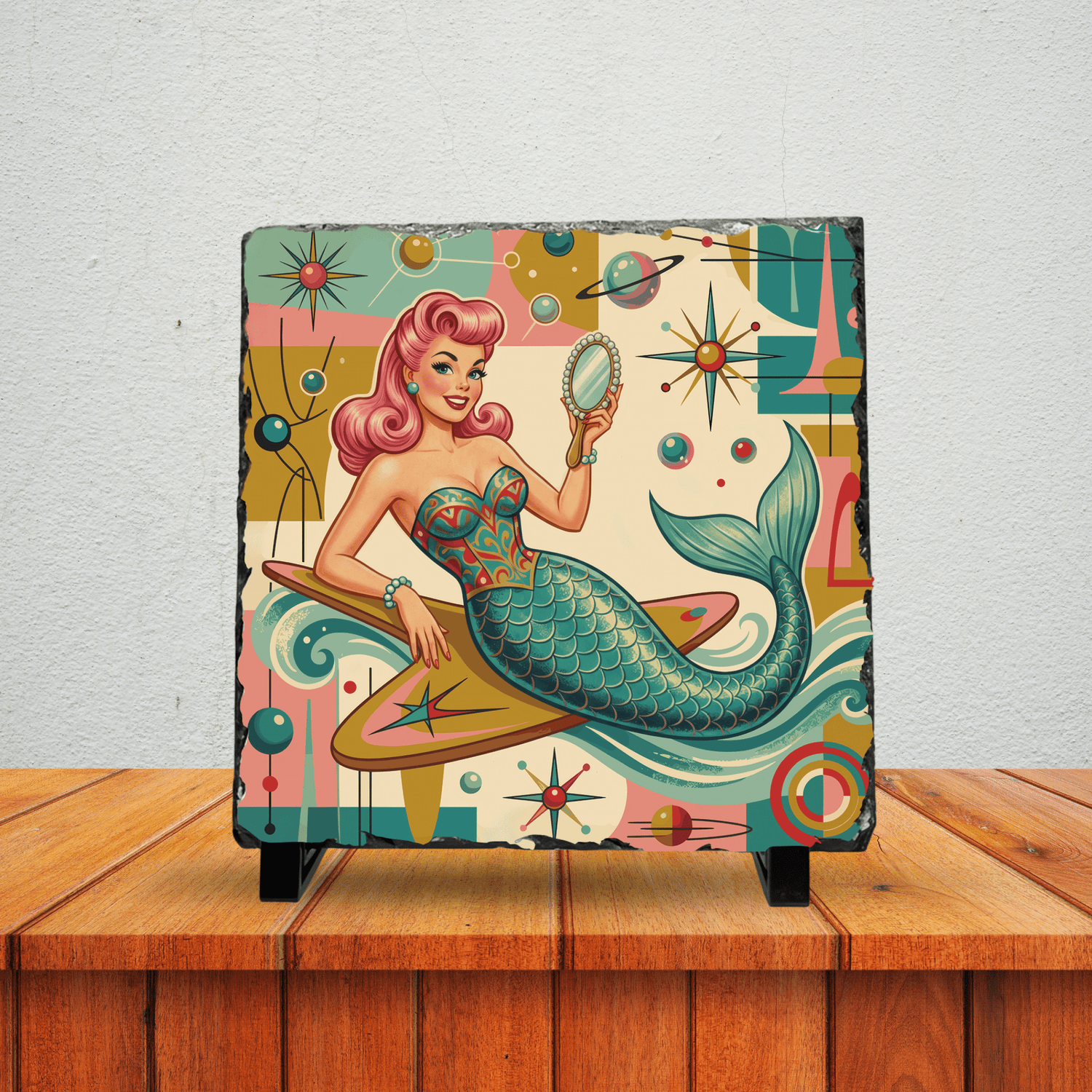 Kate McEnroe New York Kitschy 1950s Retro Mermaid Atomic Starburst Slate Desk PlaqueDecorative Plaques28653151239791316237