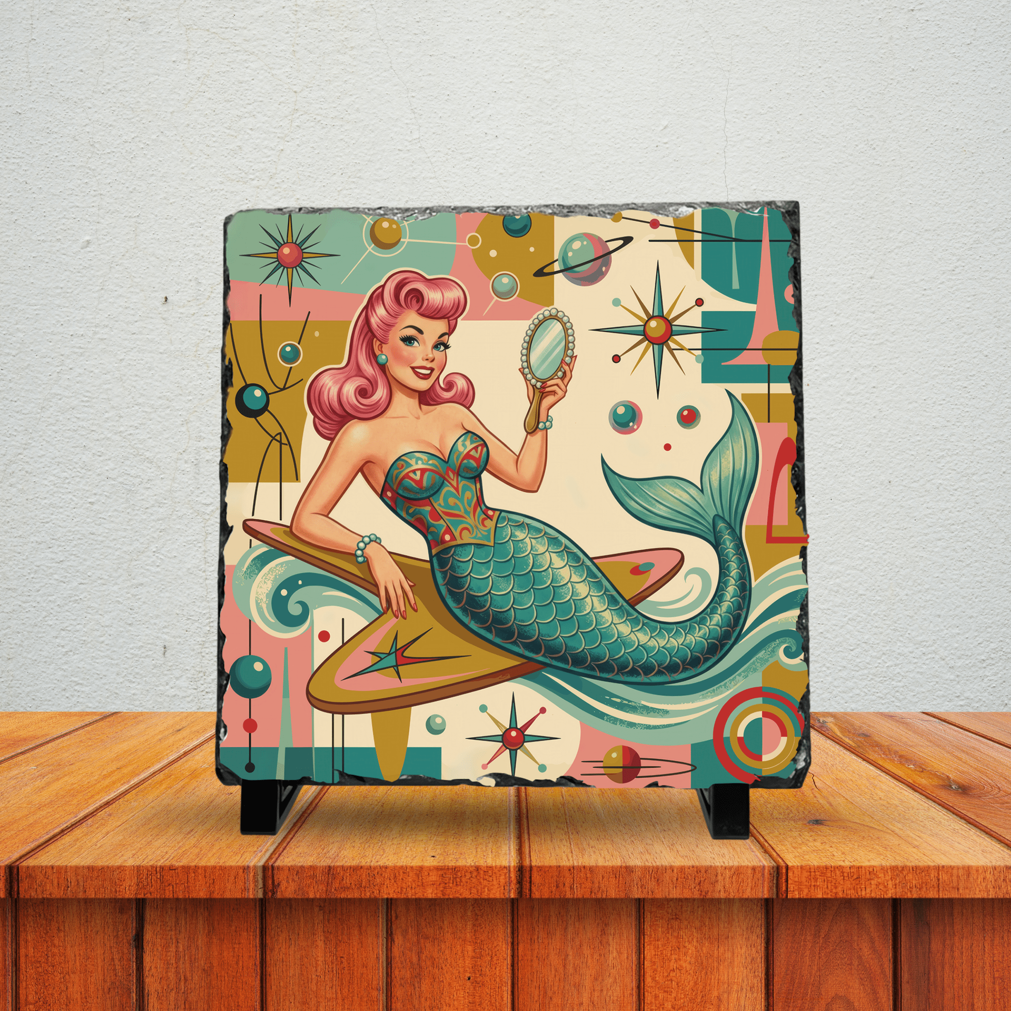 Kate McEnroe New York Kitschy 1950s Retro Mermaid Atomic Starburst Slate Desk PlaqueDecorative Plaques28653151239791316237
