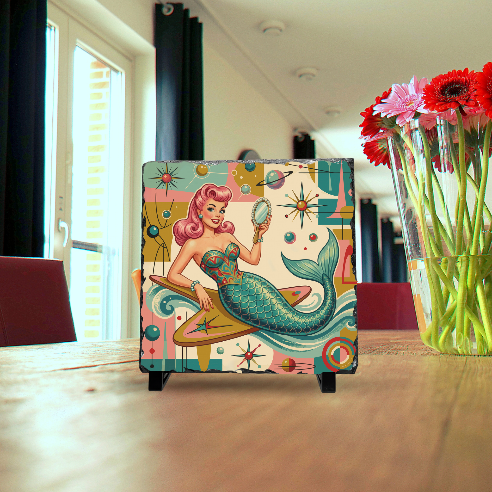 Kate McEnroe New York Kitschy 1950s Retro Mermaid Atomic Starburst Slate Desk PlaqueDecorative Plaques28653151239791316237