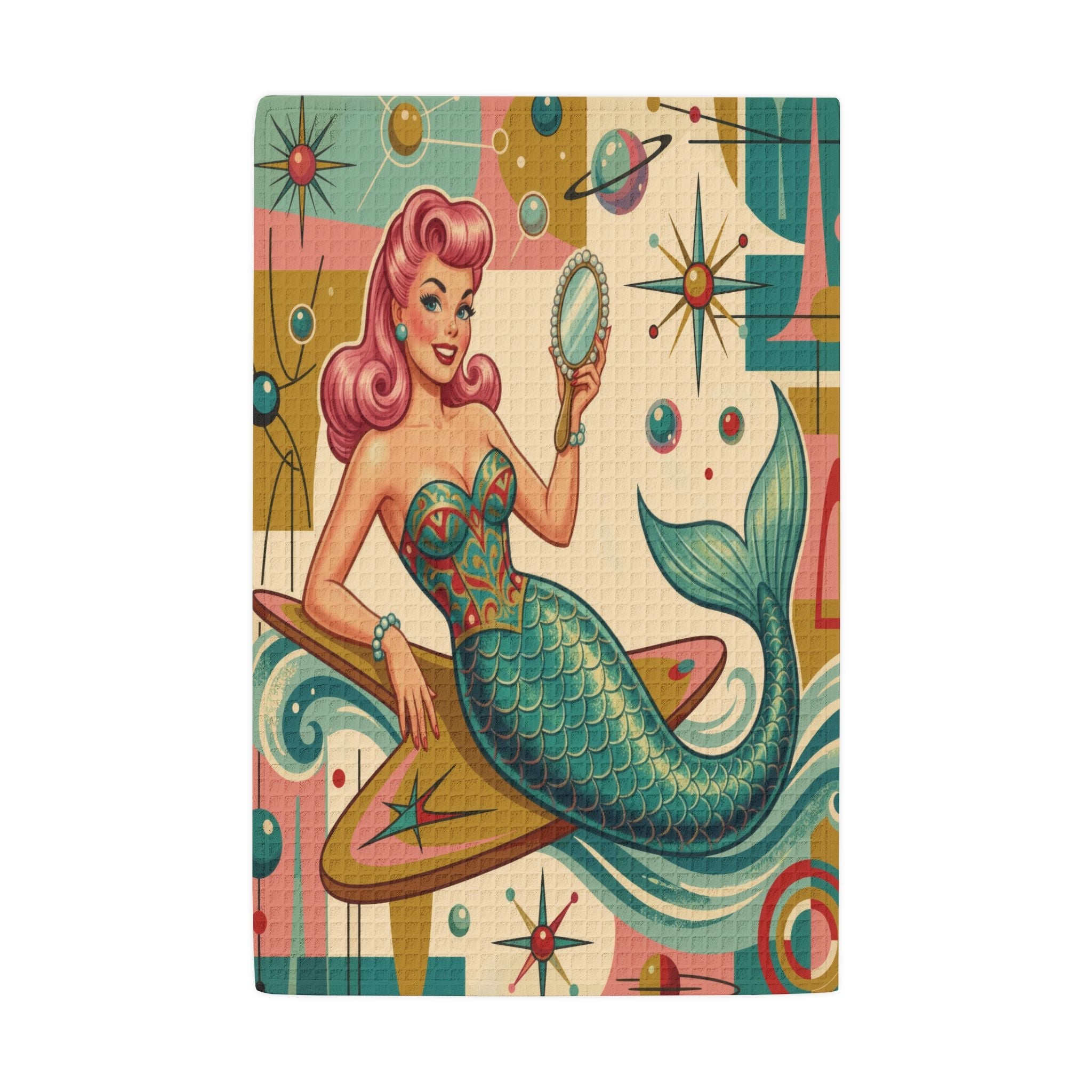 Kate McEnroe New York Kitschy 1950s Retro Mermaid Atomic Starburst Waffle Weave Kitchen Hand TowelHand Towels41618591379323871820