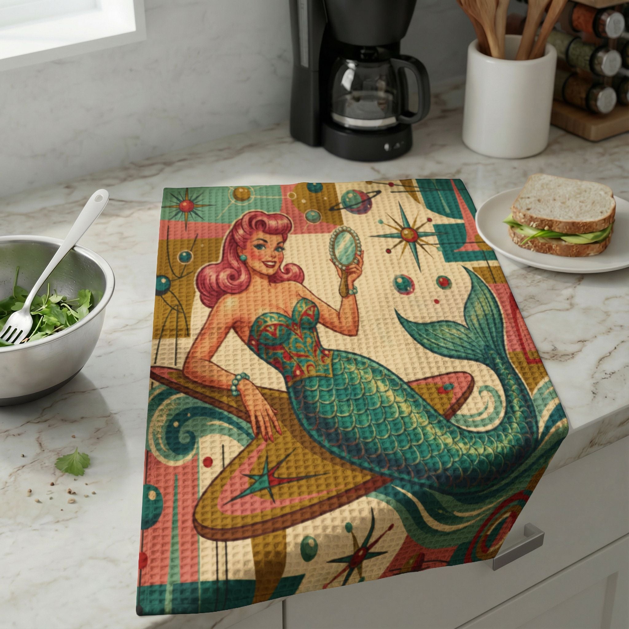 Kate McEnroe New York Kitschy 1950s Retro Mermaid Atomic Starburst Waffle Weave Kitchen Hand TowelHand Towels41618591379323871820