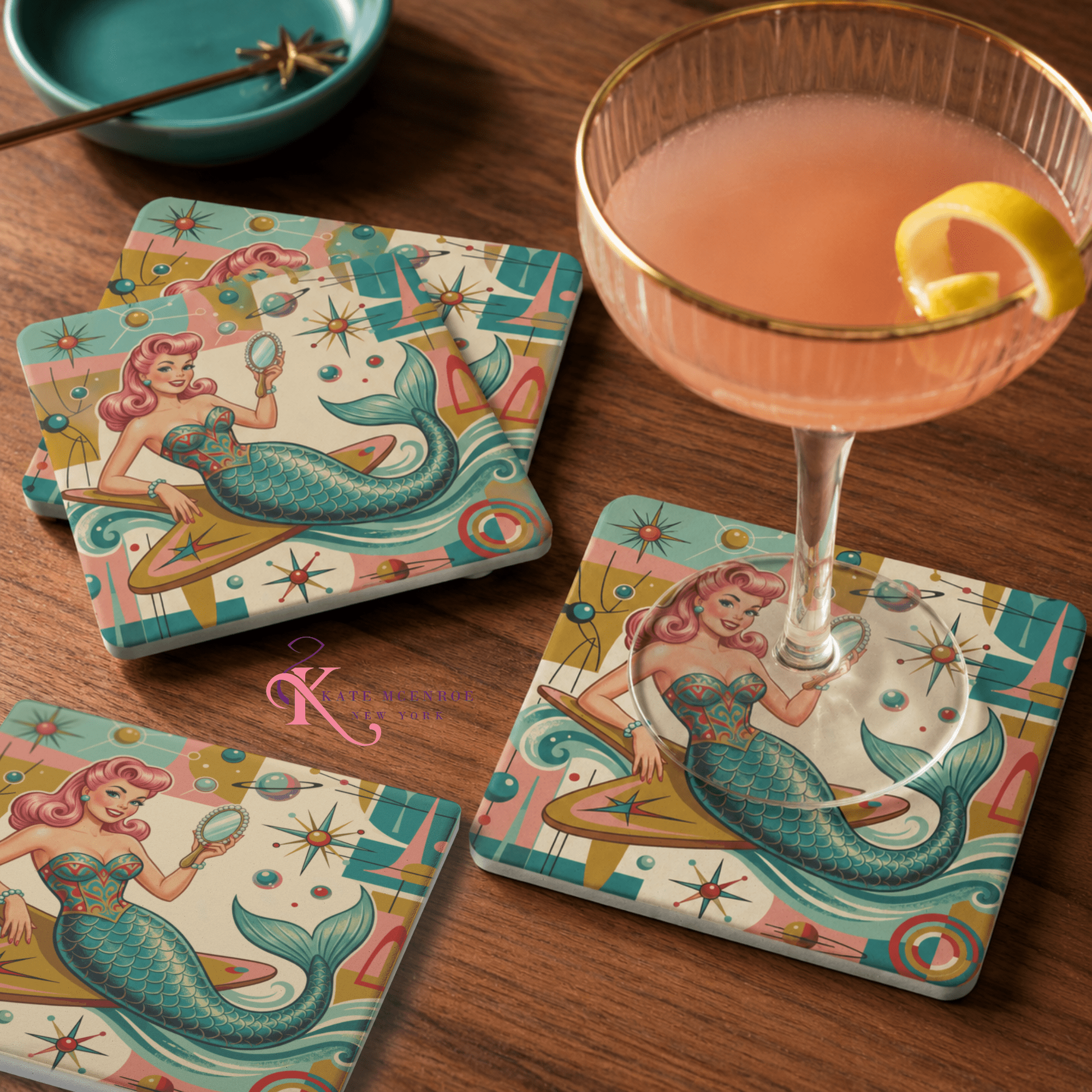 Kate McEnroe New York Kitschy 1950s Retro Mermaid Coasters, Atomic Starburst BarwareCoasters7021