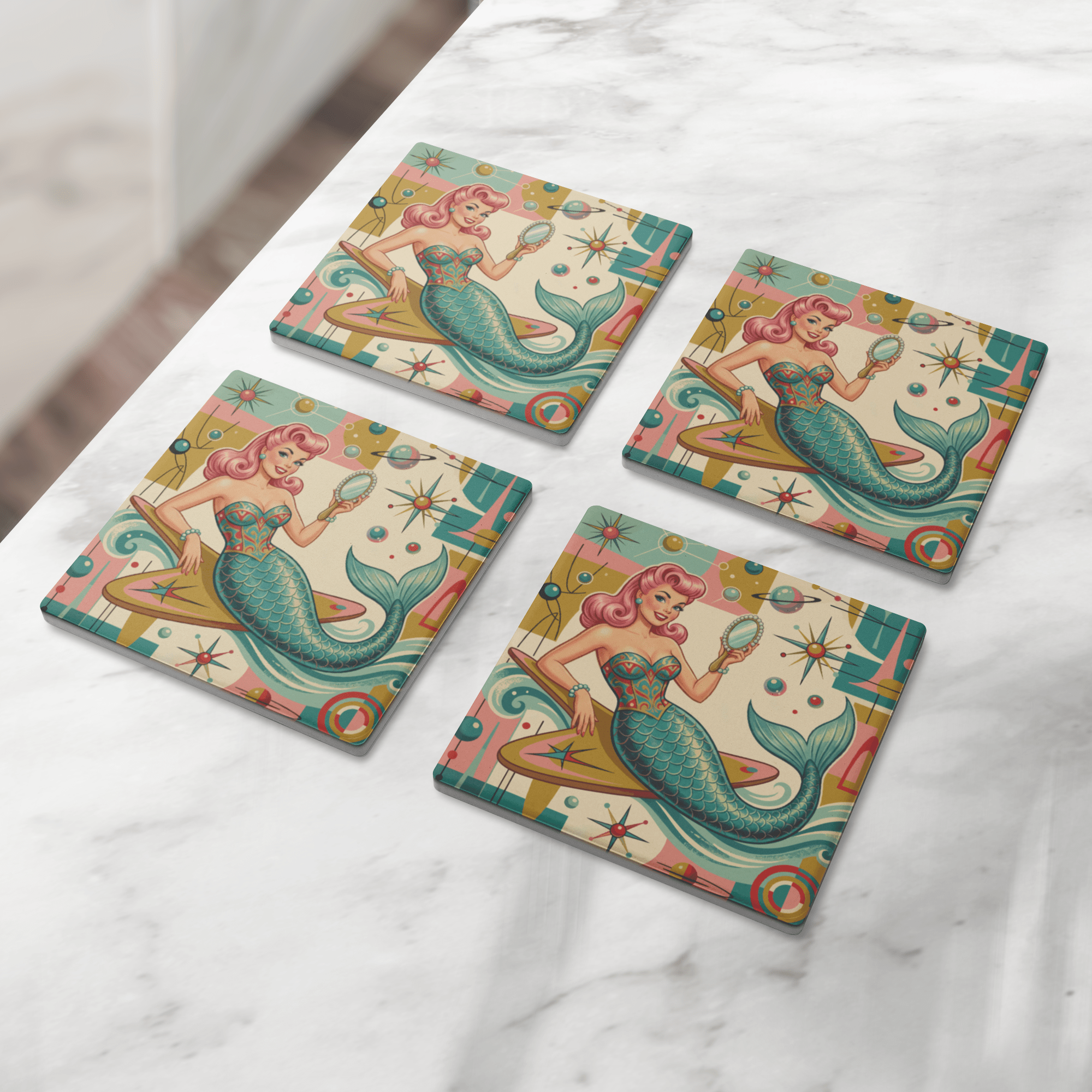 Kate McEnroe New York Kitschy 1950s Retro Mermaid Coasters, Atomic Starburst BarwareCoasters7021