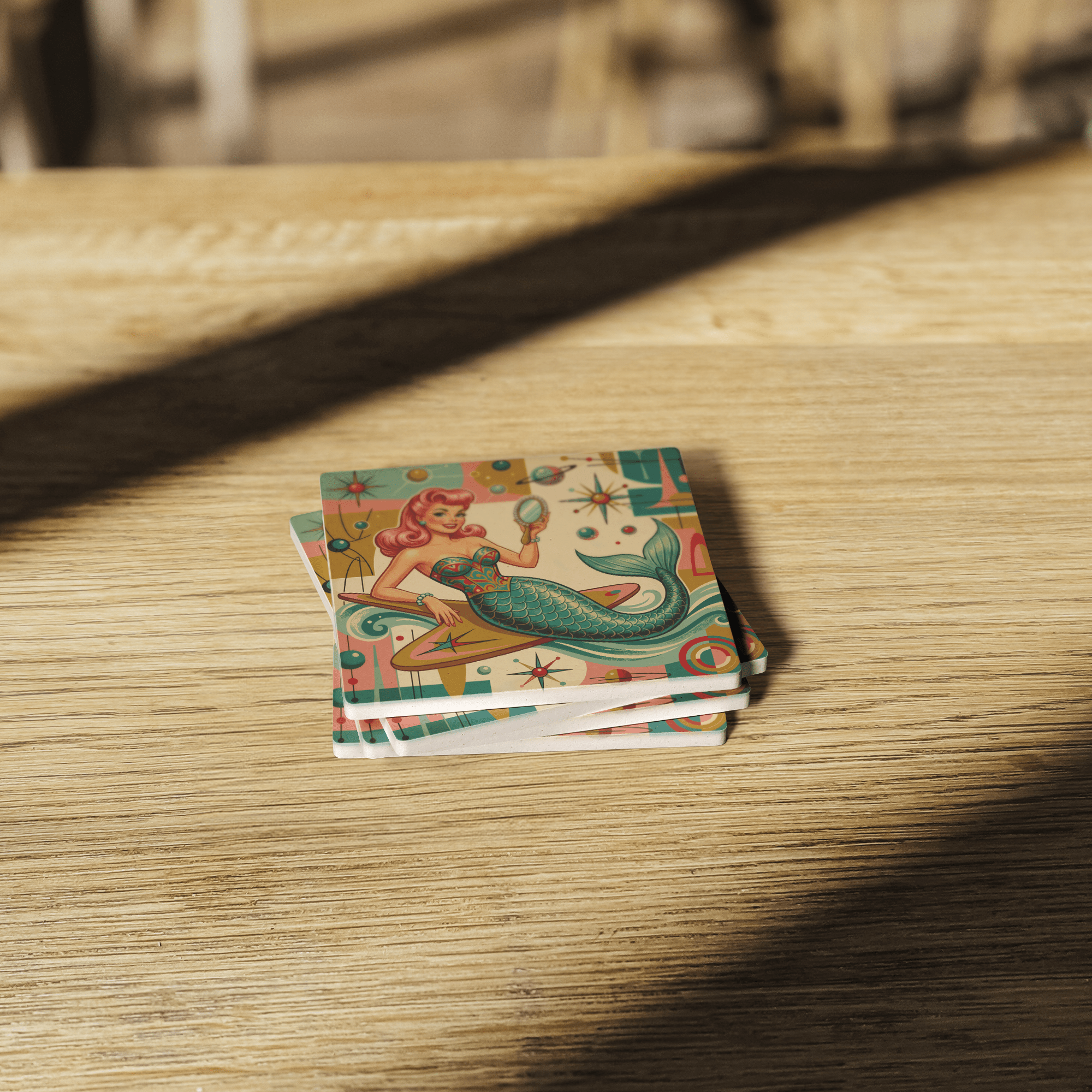 Kate McEnroe New York Kitschy 1950s Retro Mermaid Coasters, Atomic Starburst BarwareCoasters7021