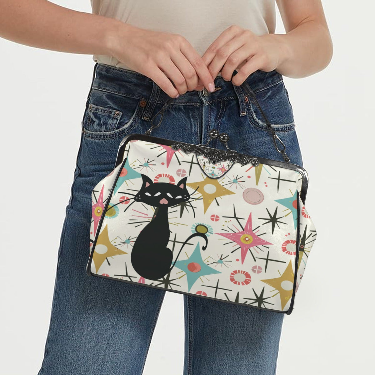 Kate McEnroe New York Kitschy Atomic Cat Kiss Lock Handbag, Retro MCM Crossbody PurseCrossbody BagsD3323102